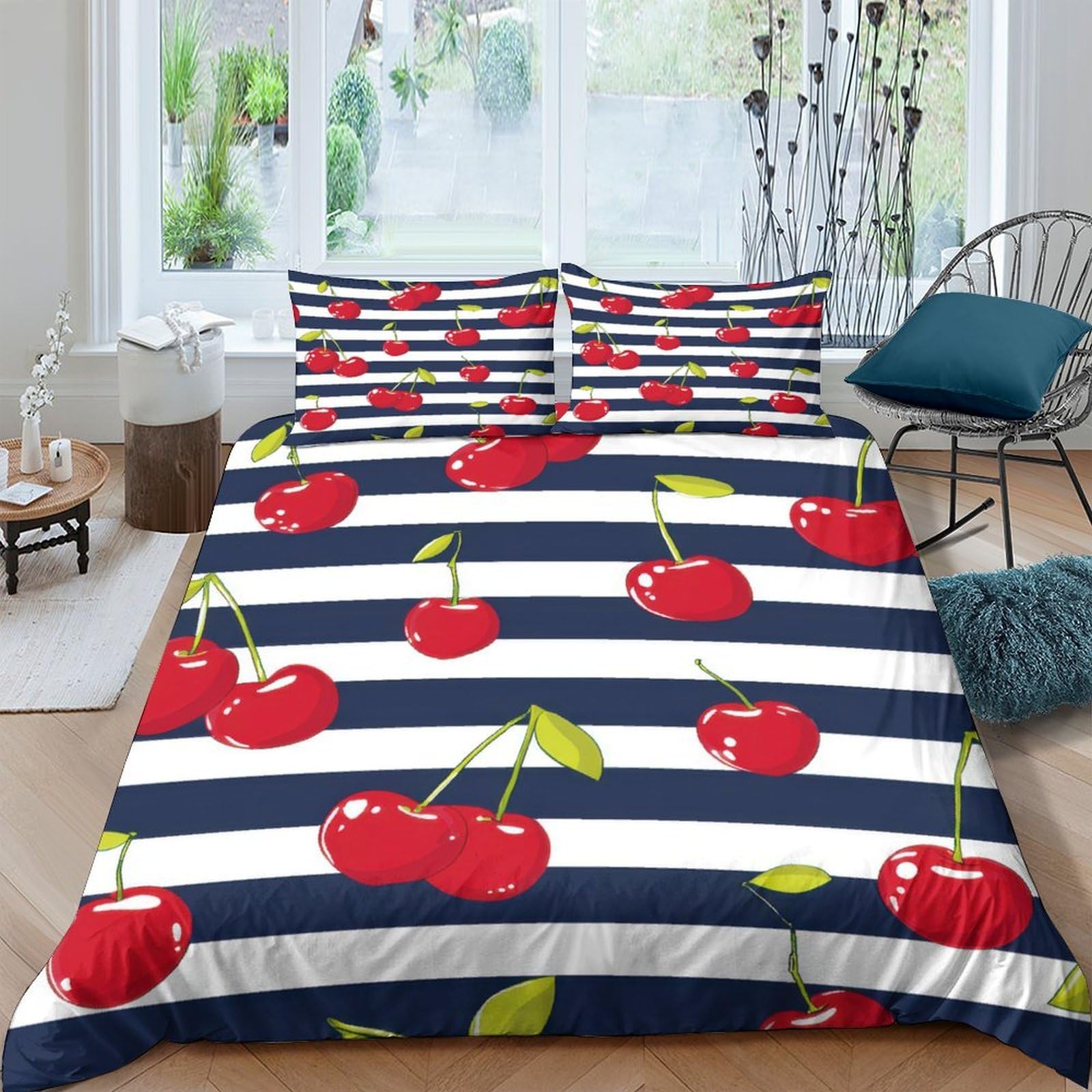 GPLZQXKJNH 3D Printed Cherry Stripe Duvet Cover Microfiber Soft Breathable Red Fruit Bedding Set with 2 Pillowcases for Bedroom Home Decor Single（135x200cm）