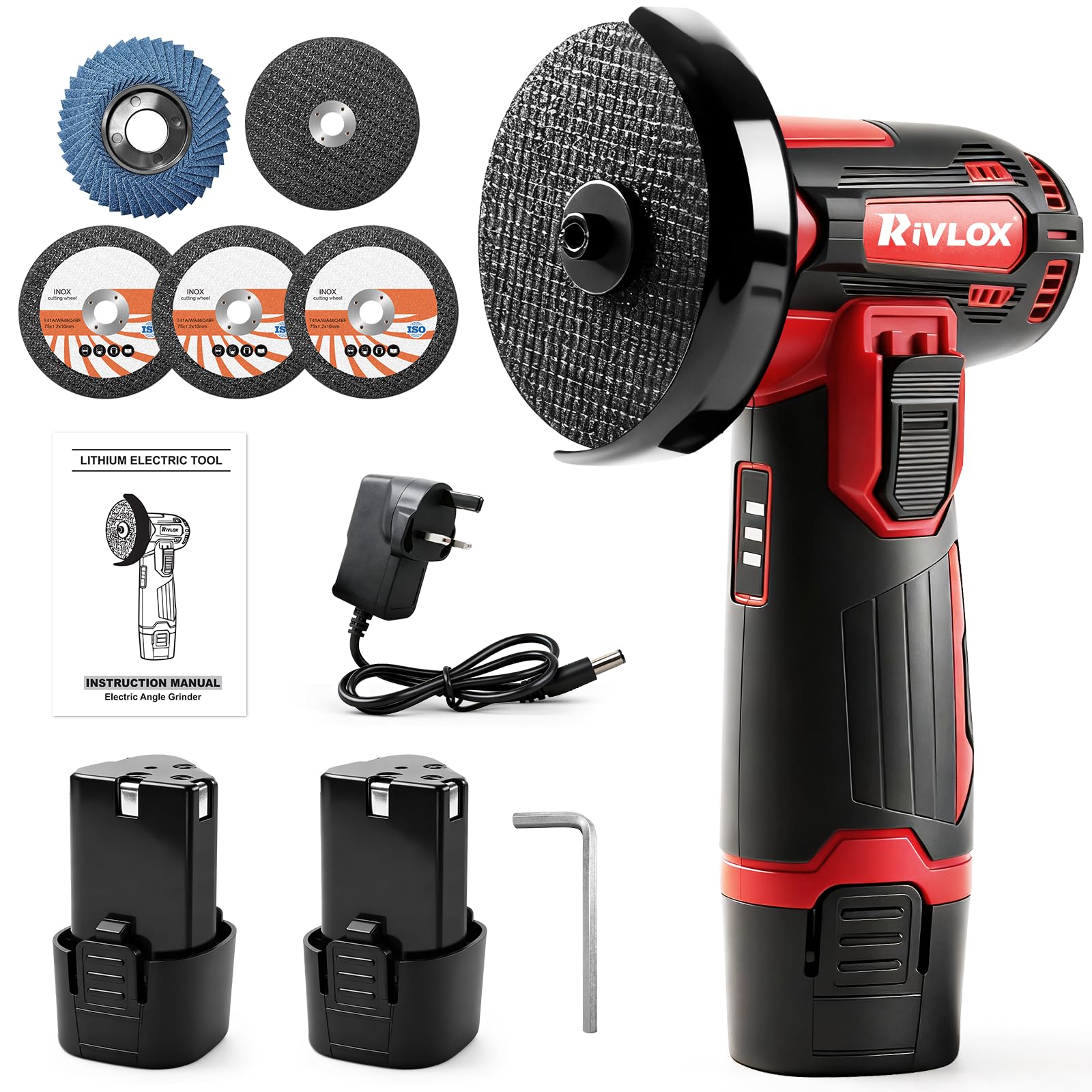 Mini Angle Grinder, 12V Cordless Angle Grinder with 2Pcs 1500mAh Battery & Charger, Mini Cordless Grinder with 5 Cutting Discs, 76mm Small Angle Tool for Cutting, Polishing and Grinding Red