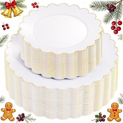 supernal 100 platos dorados de plástico festoneado, platos desechables blancos y dorados para fiestas de boda, incluyen 50 platos llanos de 10.25