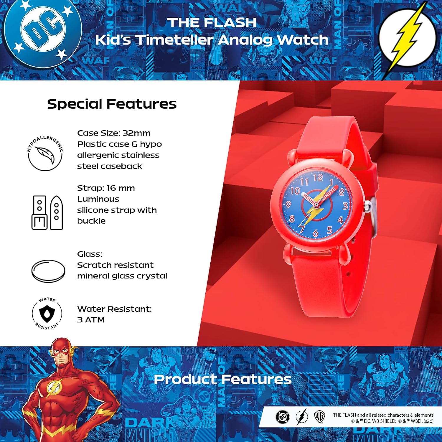 DC Comics The Flash Watch for Kids Ages 4–7 – Featuring Lightning Bolt Hero Dial with Easy-Read Hour & Minute Hands – The Flash Watch for Boys, DC Comics Toys