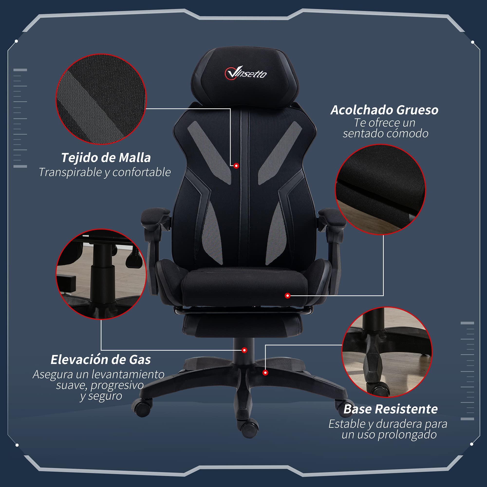 Vinsetto Silla Gaming con Reposapiés Retráctil 65x65x119-129 cm Negro | Silla de Oficina Giratoria Reclinable, con Reposacabezas, Altura Ajustable