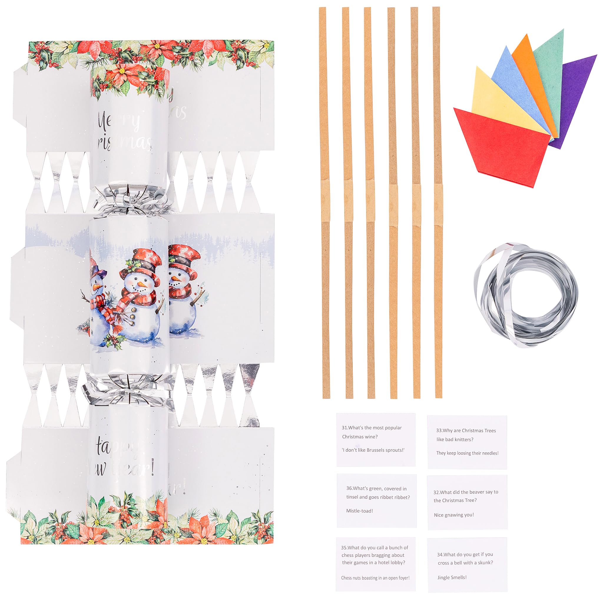 evelay Make Your Own Christmas Cracker Kit - Pack of 6 Festive DIY Crackers with Hats, Jokes & Ribbons - Personalise Your Own Fillers - Fun Xmas Craft Activity (Snowmen)