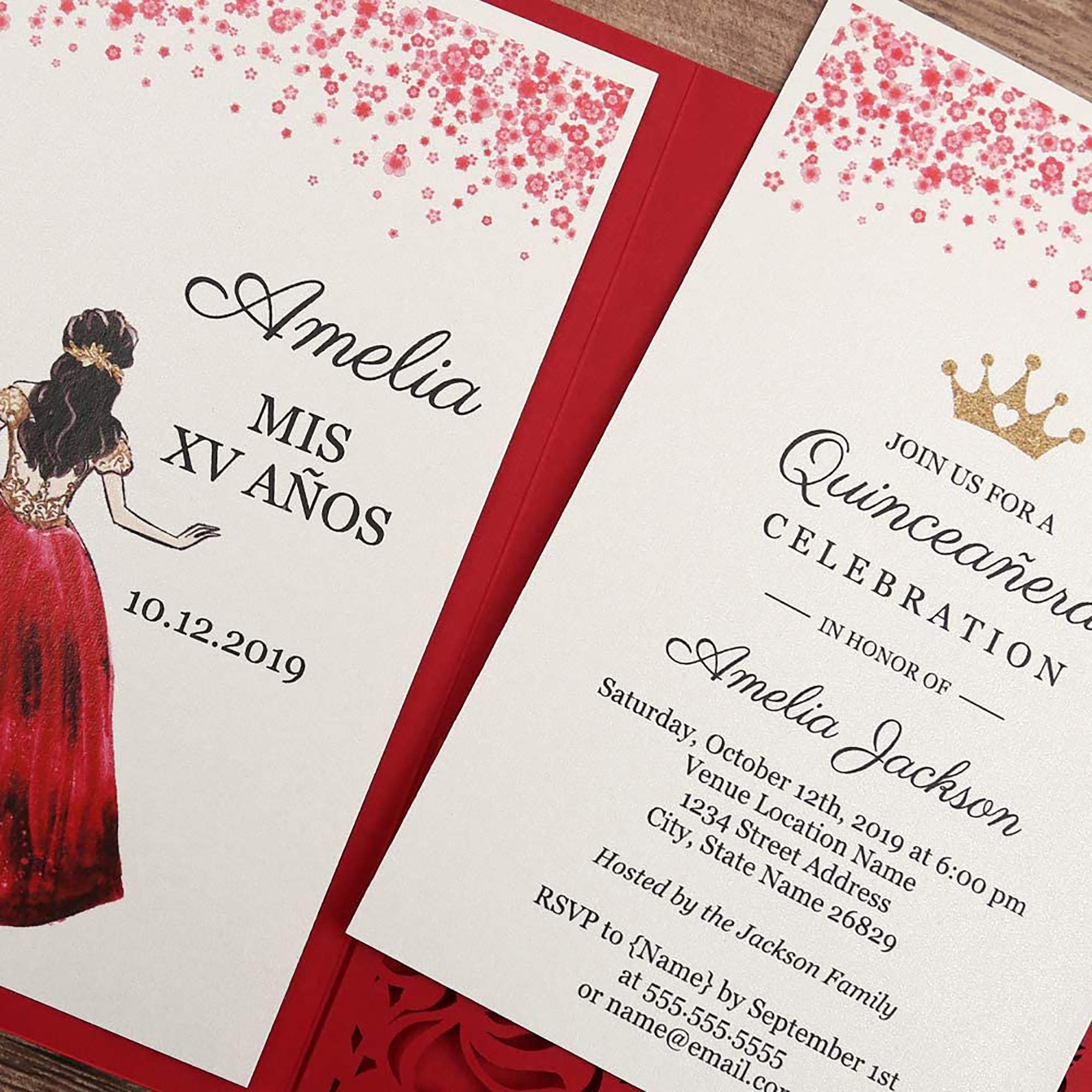 DORIS HOME 4.7x7 Inch 50PCS Blank Red Quinceanera Invitations Kit Laser