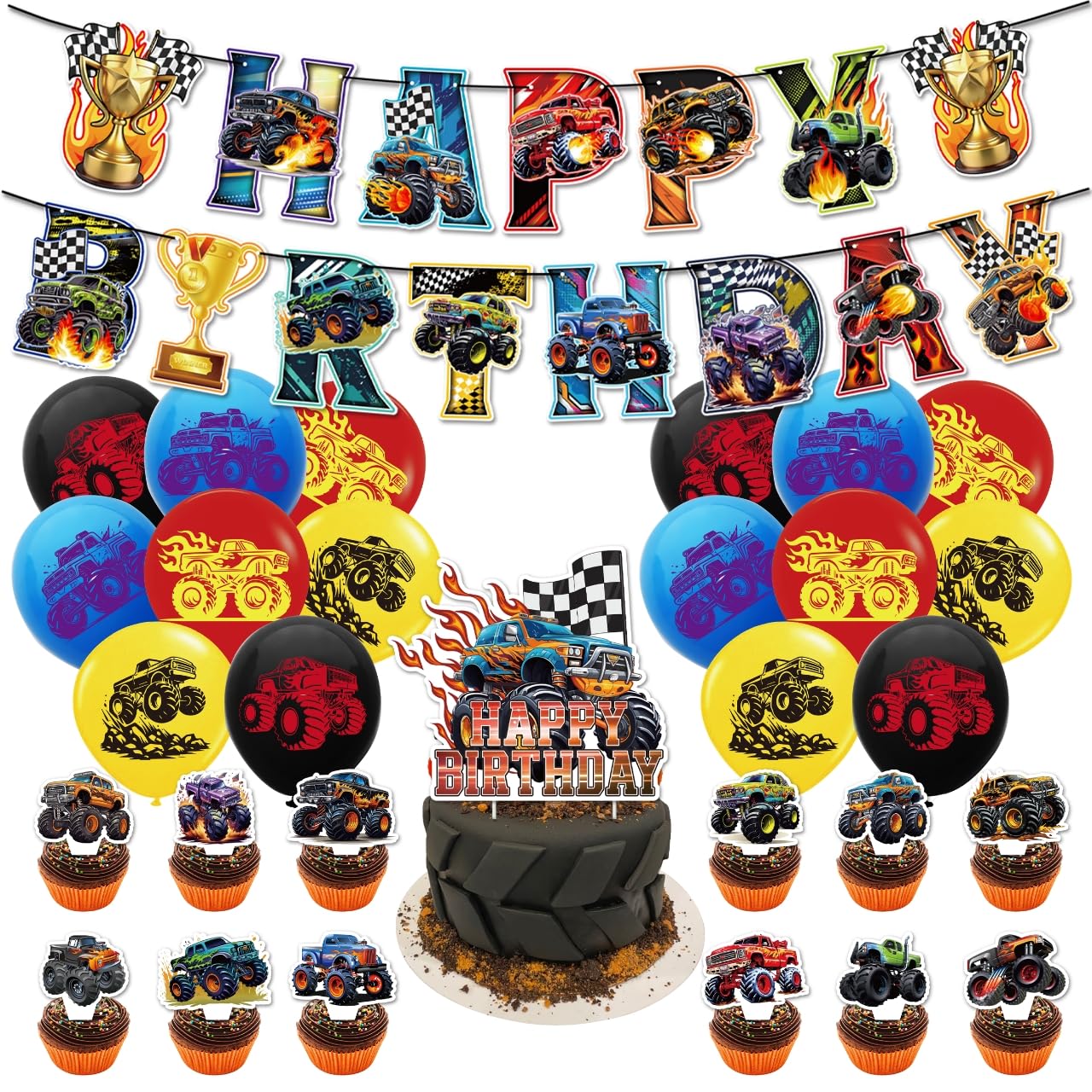 Party decoration Monster Truck Birthday Party Decorations Happy Birthday Banner Cake Topper Balloons for Themed Party Supplies
