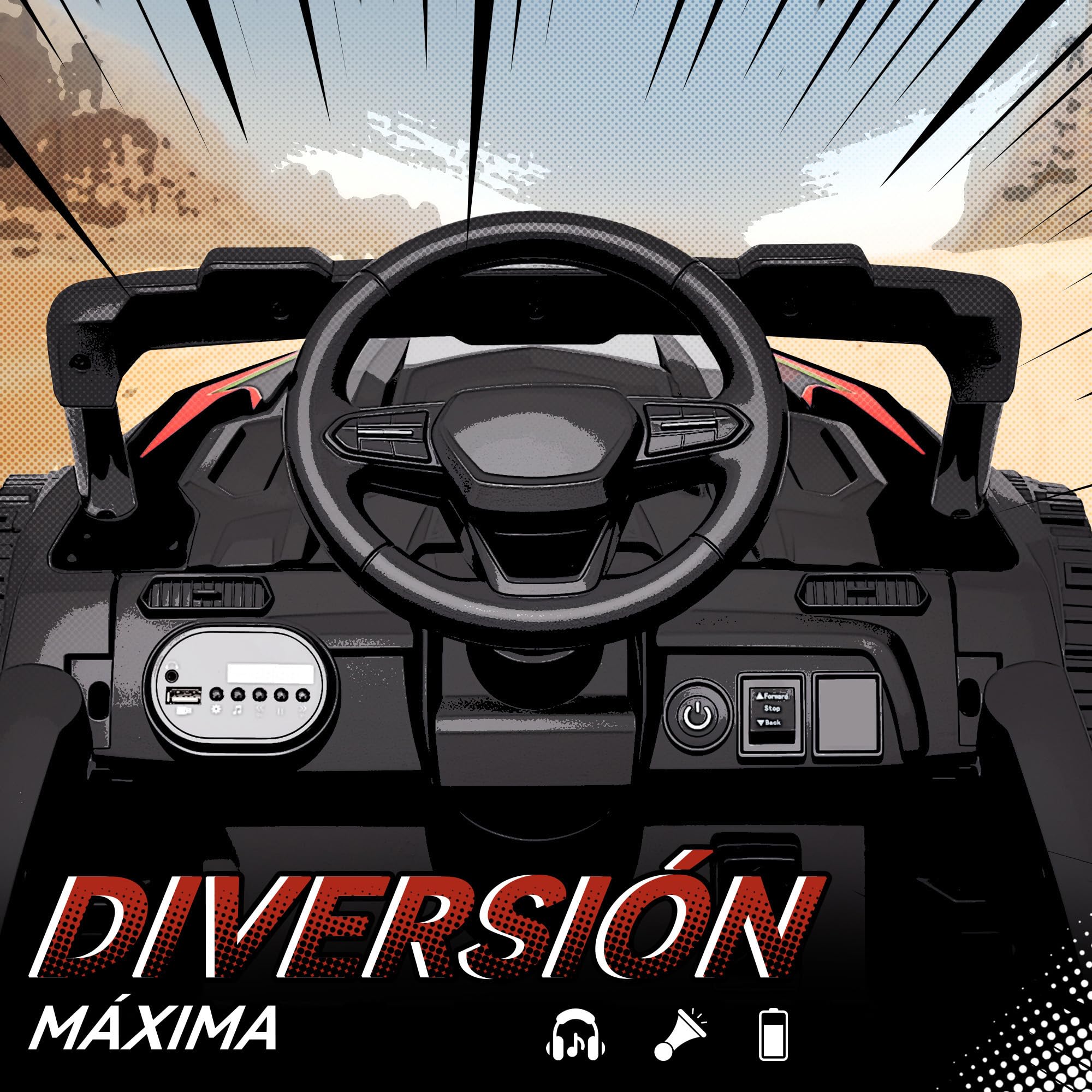 AIYAPLAY Coche Eléctrico para Niños 12V, UTV con 2 Motores, Control Remoto 2.4G, 3-5 km/h, Suspensión Trasera, Faros, Música, para Niños de 3-5 Años, Negro