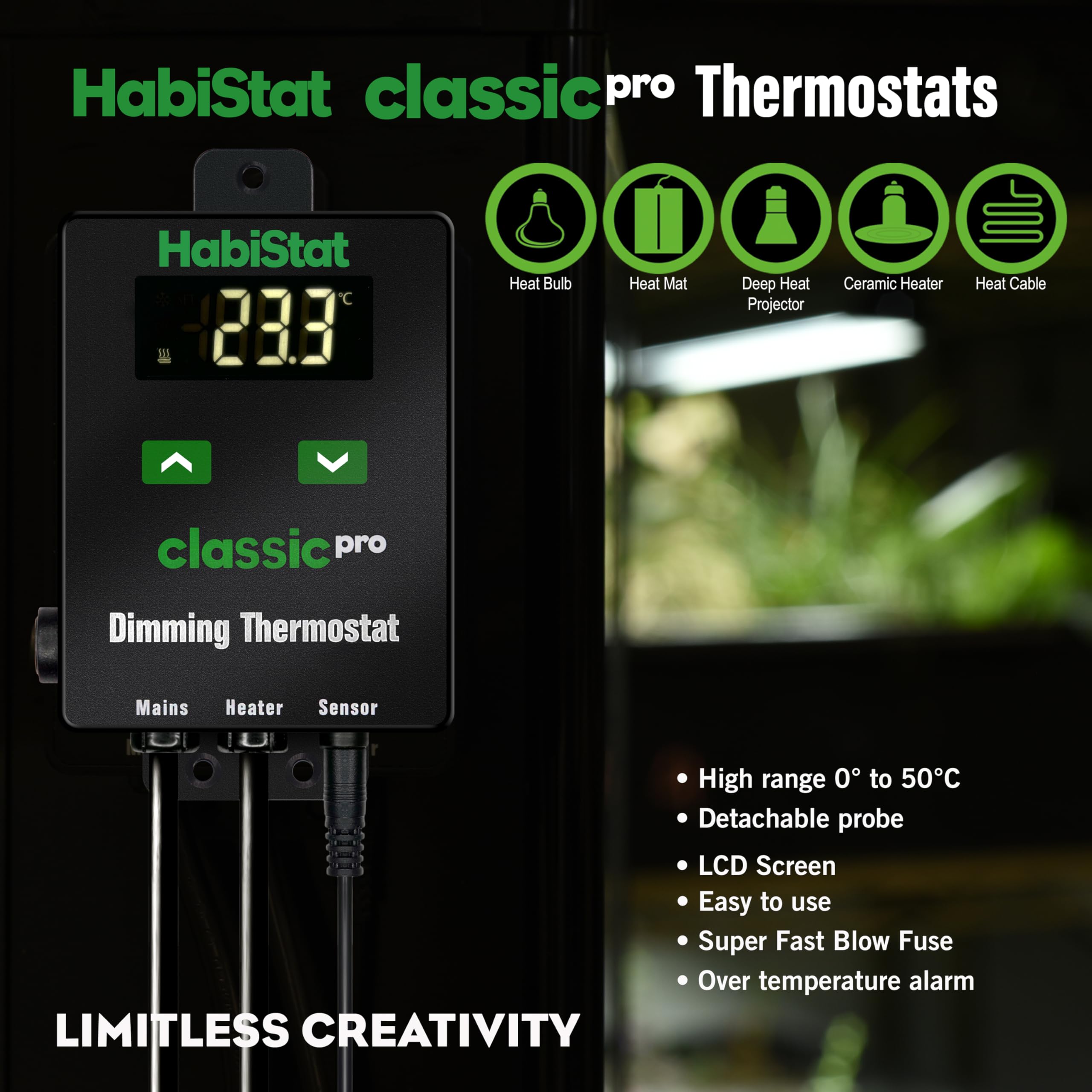 Habistat Classic Pro Thermostat de vivarium à intensité variable Noir 450 W Accessoire terrarium d'intérieur Thermostat régulateur de température pour animaux de compagnie, serpent, gecko, dragon