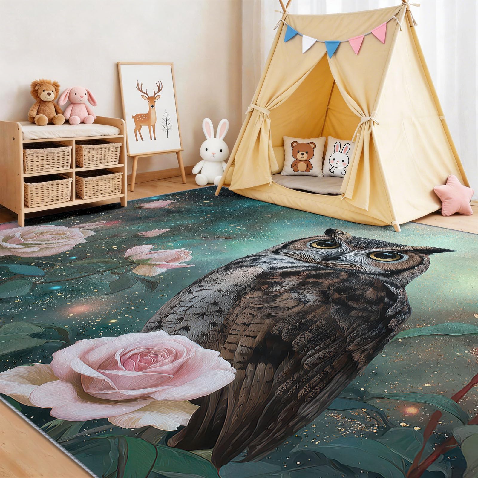 Dywan do salonu, 160 x 230 cm, mistyczny wzór sowy i róż, dla nastolatków, chłopców i dziewczynek, antypoślizgowy, flanelowy dywan z krótkim włosiem, bardzo miękki, łatwy w pielęgnacji, kolorowy