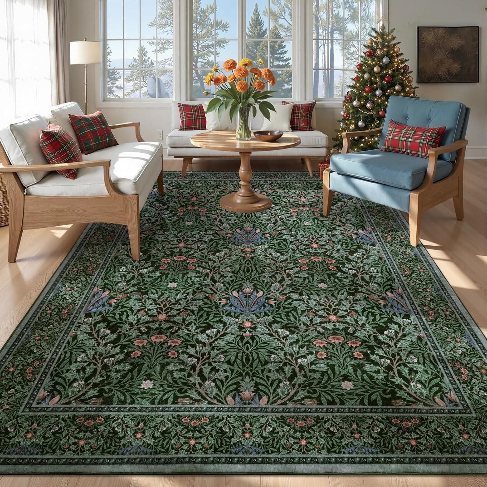 Dark Green Floral Washable Rugs 5x7 Vintage Forest Green Rugs for Living Room Bedroom Boho Low Pile Non