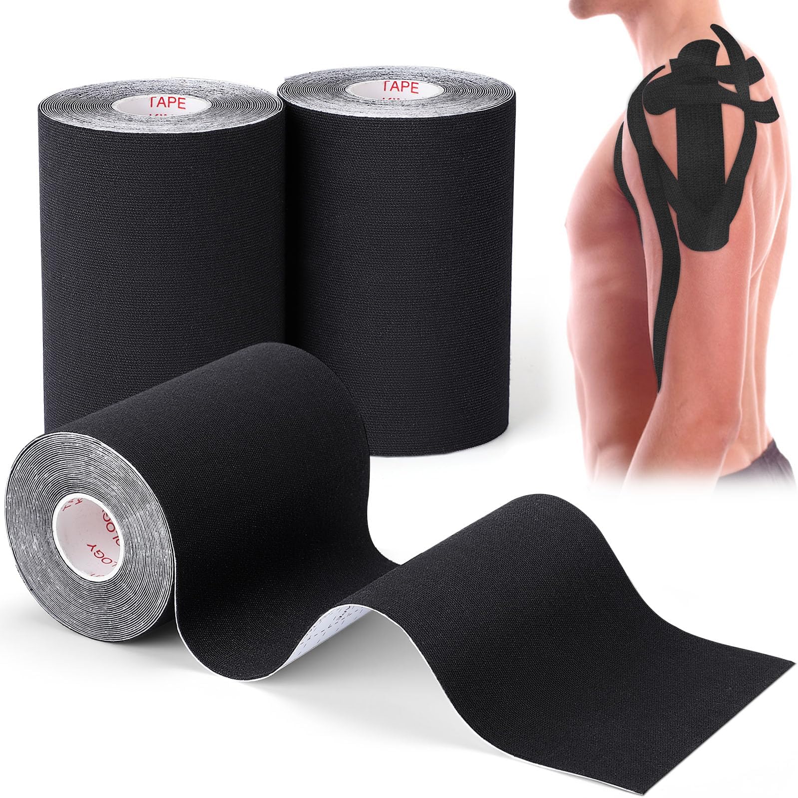 3 Pack Kinesiology Tape - Pro-Grade, Water Resistant & Breathable for Active Lifestyles, Latex-Free Cotton Elastic Tape for Muscle & Joint Support on Knee, Ankle, Shoulder, Wrist - Black 4in 5.5yd