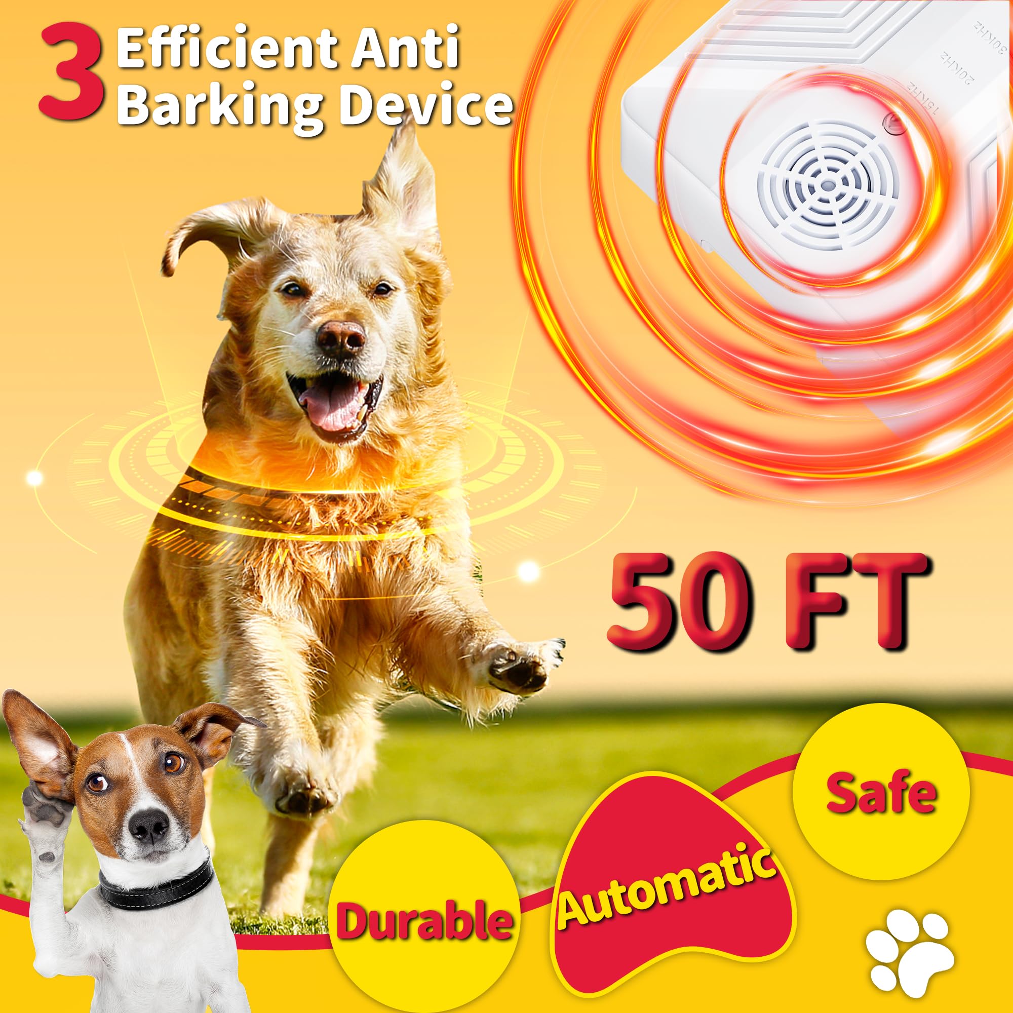 Anti Barking Device for Dogs, Rechargeable Ultrasonic Dog Barking Deterrent Devices with 3 Modes, 50Ft Waterproof Barking Dog Deterrent Bark Box for Outdoor & Indoor, Safe Barking Silencer for Dogs - 3