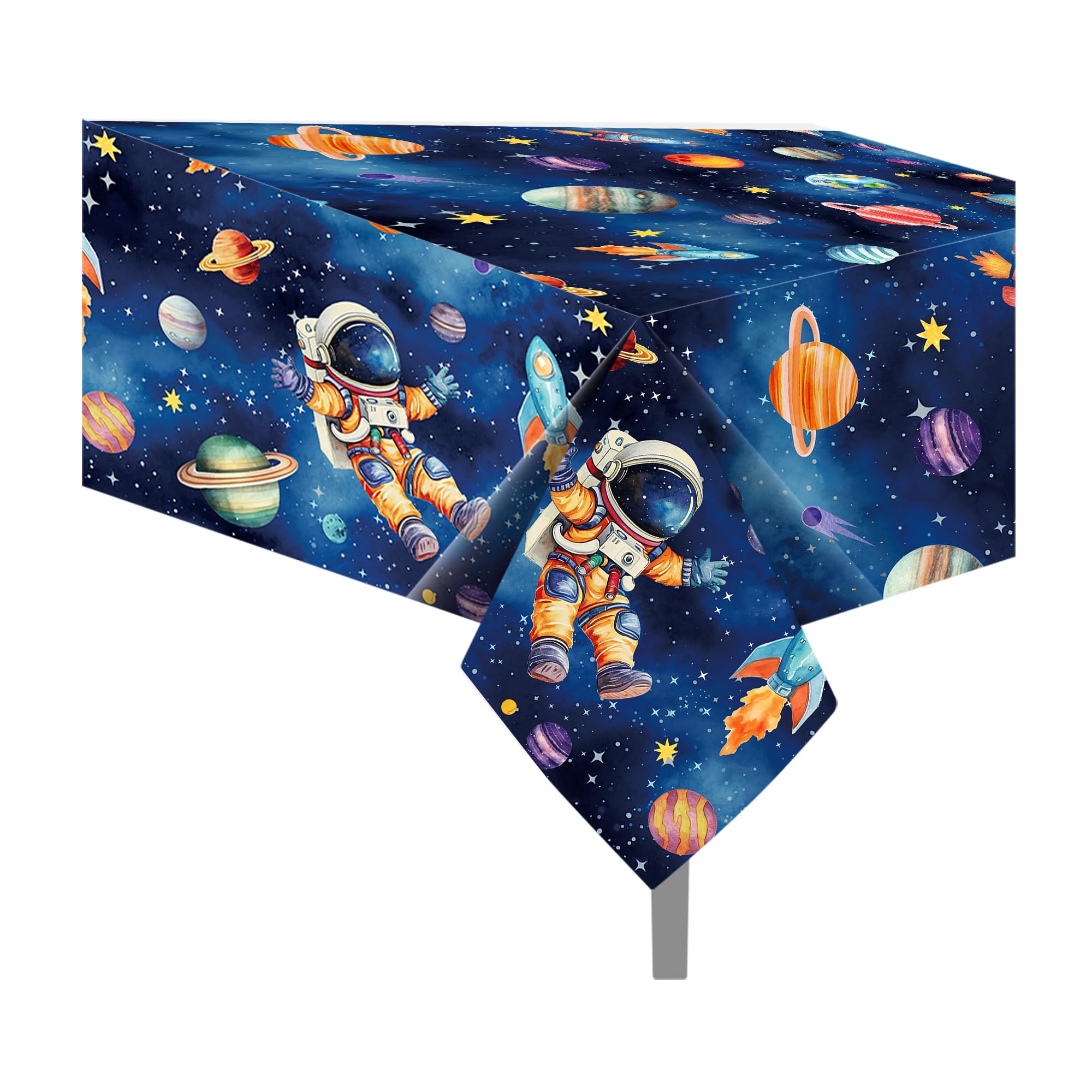 CC HOME 2Pc Planet Space Party Plastic Tablecloth 54 x 87 Inch Long Table Cover, Blue Universe Party Tablecover for Space Travel Theme Kids Baby Shower Birthday Dinner Picnic Kitchen Event