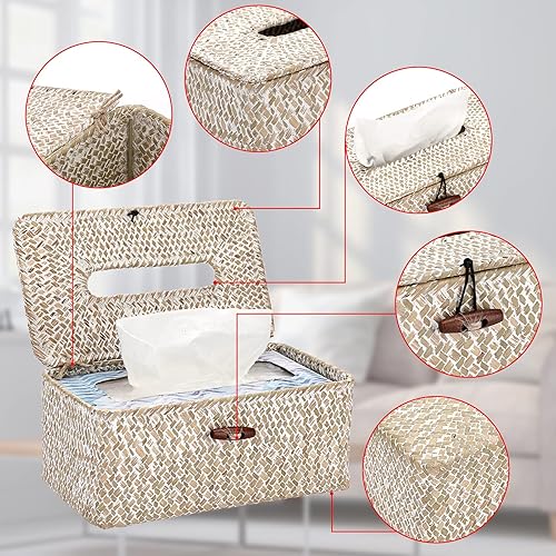 Miniatura 4 de Sumnacon Funda rectangular natural para caja de pañuelos de hierba marina, caja de pañuelos tejida con parte inferior, soporte para caja de pañuelos