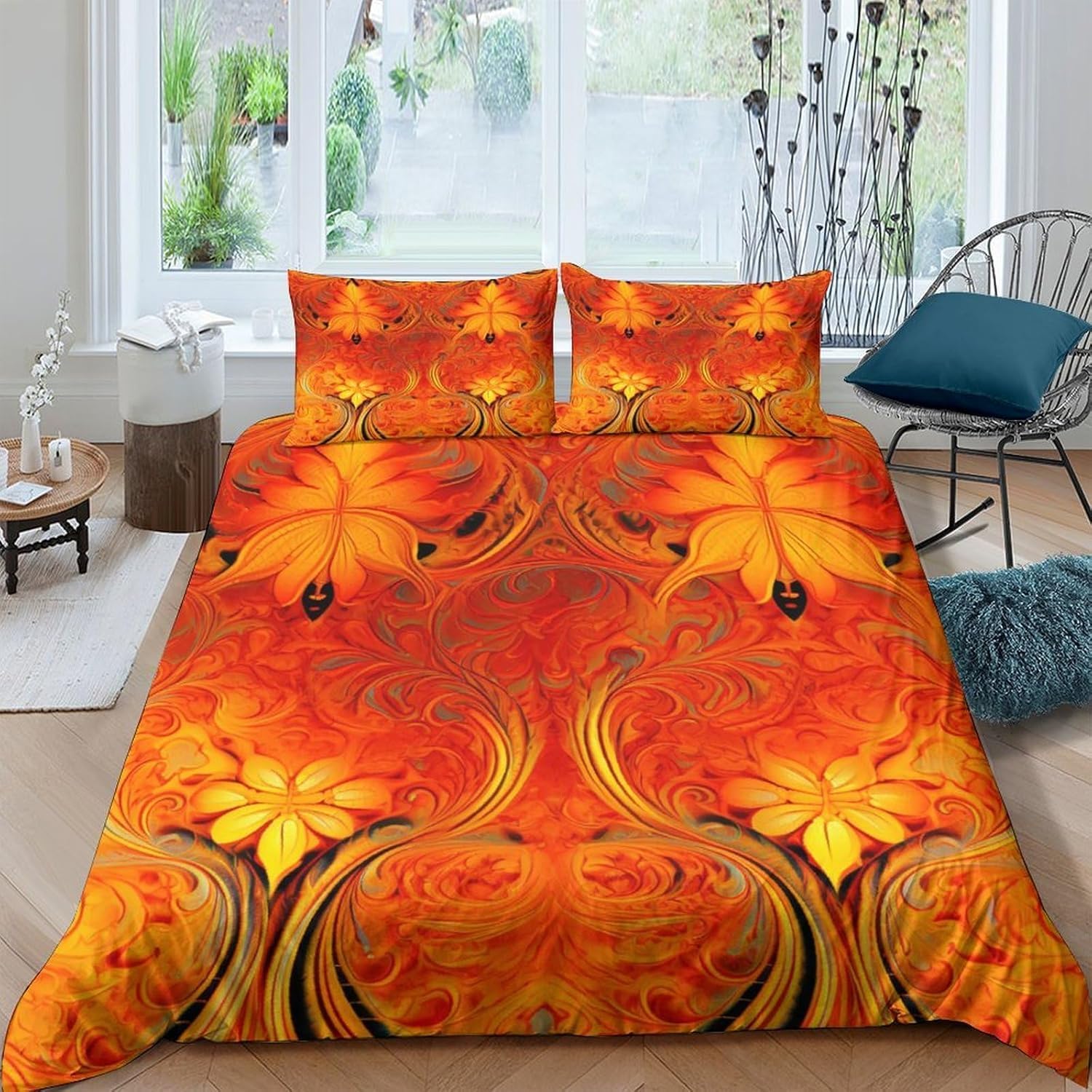 Orange King Size Duvet Cover Sets Flower Duvet Cover 3D Printing King