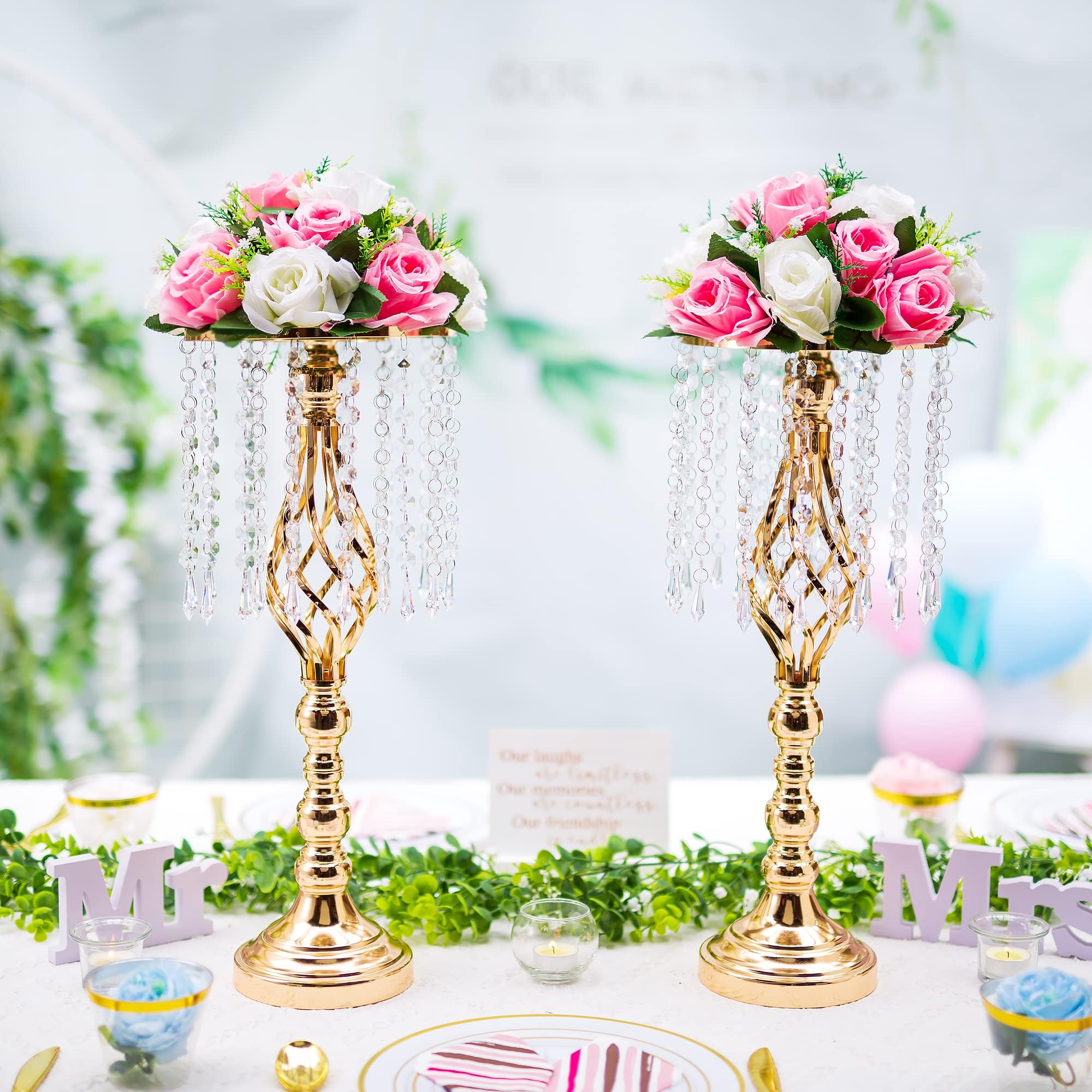 Centrotavola, vasi dorati per tavolo Espositore per fiori alto 49 cm, con vernice di cristallo, per matrimoni, feste, eventi, set di 2