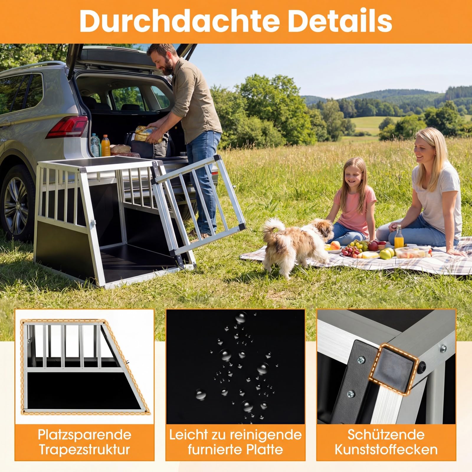 COSTWAY Hundetransportbox, Alu Hundebox mit abschließbarer Tür, herausnehmbarer Trennwand, Reisebox, Hundekäfig trapezförmig für Auto, LKW & Camping, 70 x 54 x 51 cm