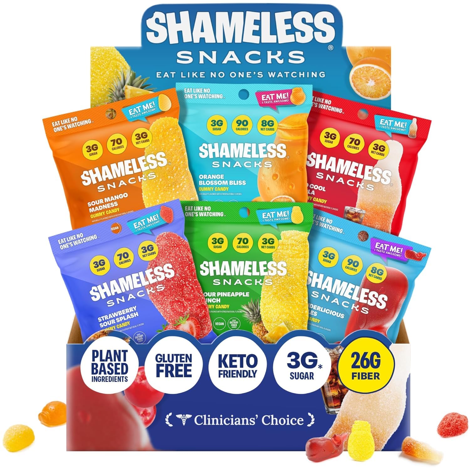 Shameless Snacks Candy Carnival - Sour Candy & Fruit Snacks, Gummy Candy Variety Pack, Strawberry Orange Mango Cola, Keto Snacks 3g Sugar Gluten Free for Kids & Adults