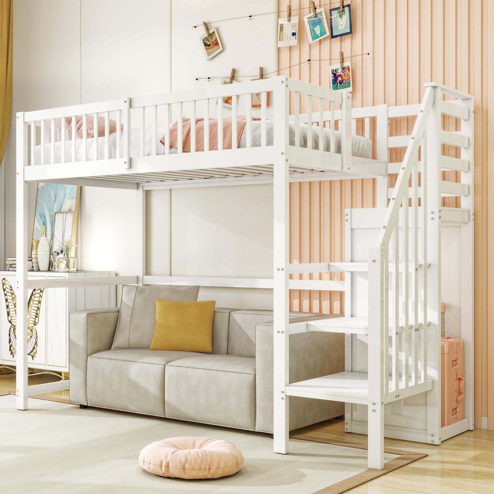 Azkoeesy Letto a soppalco singolo per bambini e adulti, con scala e armadio, protezione anticaduta e rete a doghe, spazio di archiviazione sotto il letto, bianco, 90 x 200 cm