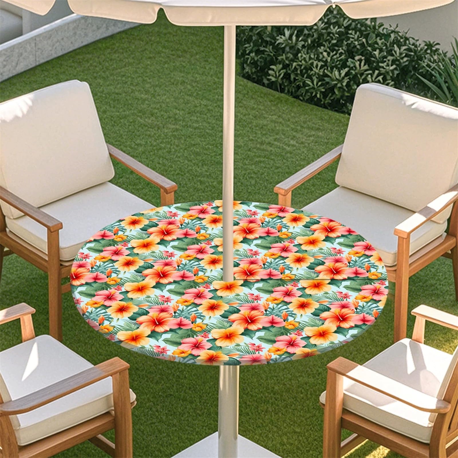 Muiuou Elastic Edge Fitted Round Tablecloth Protector Waterproof Outdoor Circle Tablecloth with Parasol Hole and Zipper, Wipe Clean Table Cover for Garden BBQ Party (M(36-44inch),Style 18)