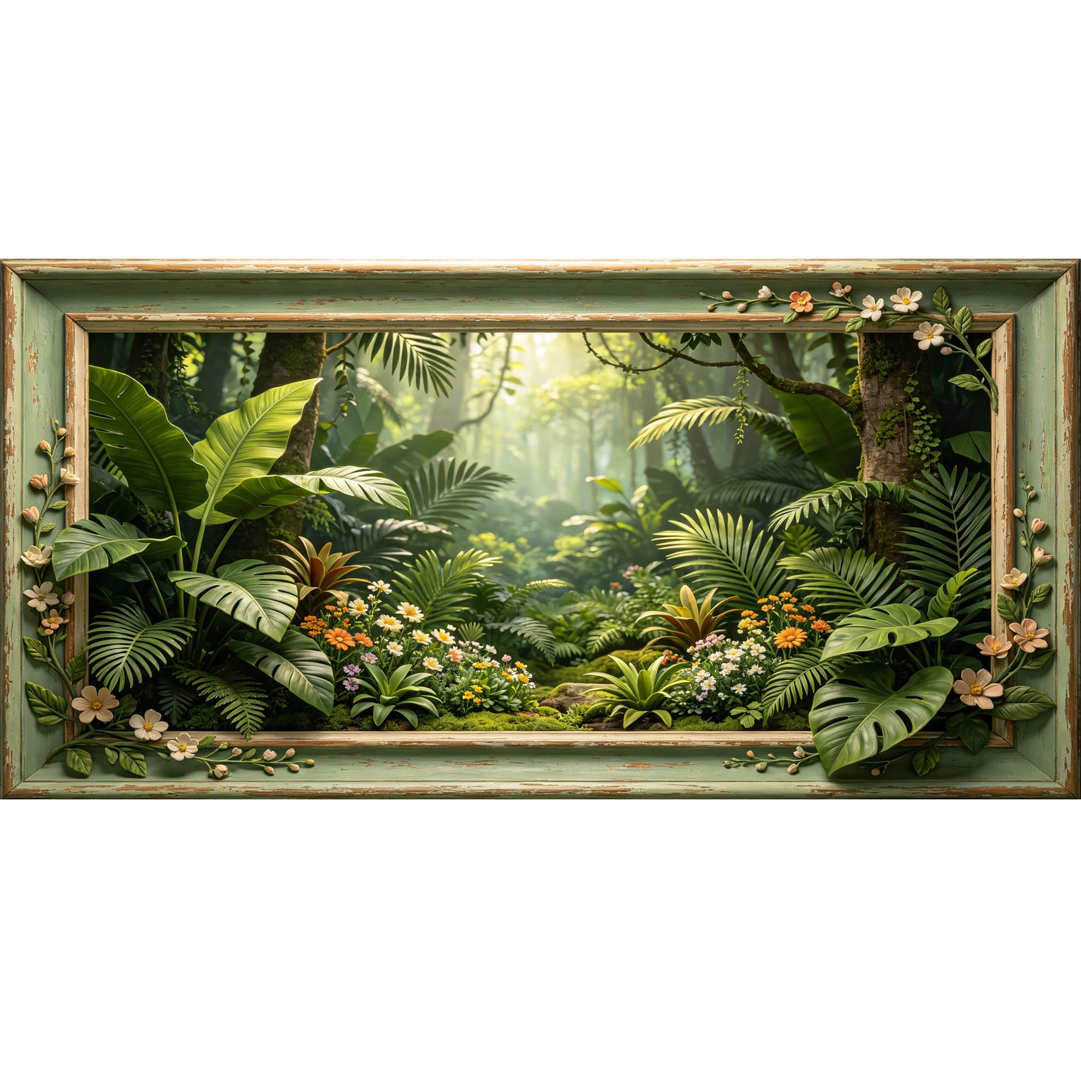 Agglomerix 3D Framed Wall Art Tropical Forest Botanical Palm Leaves Flowers Sunlight Large Size SelfAdhesive Removable Wall Decor Prints Artwork for Living Room Bedroom Office