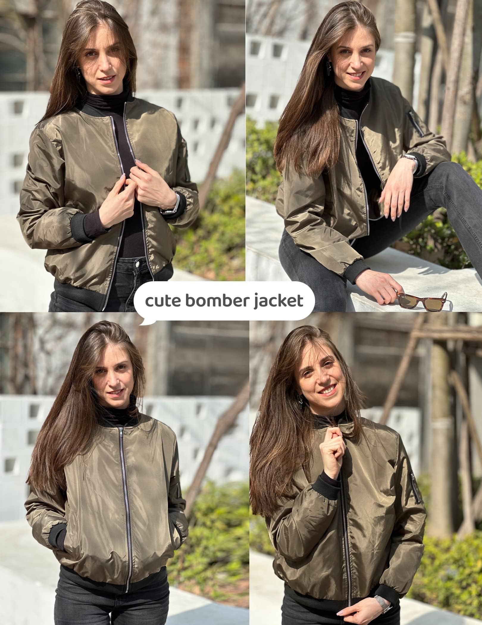 Zeagoo Veste Bomber Femme Blouson Court Décontracté Pilote à Manches Longues Zippé Manteau Léger Sweatjacke