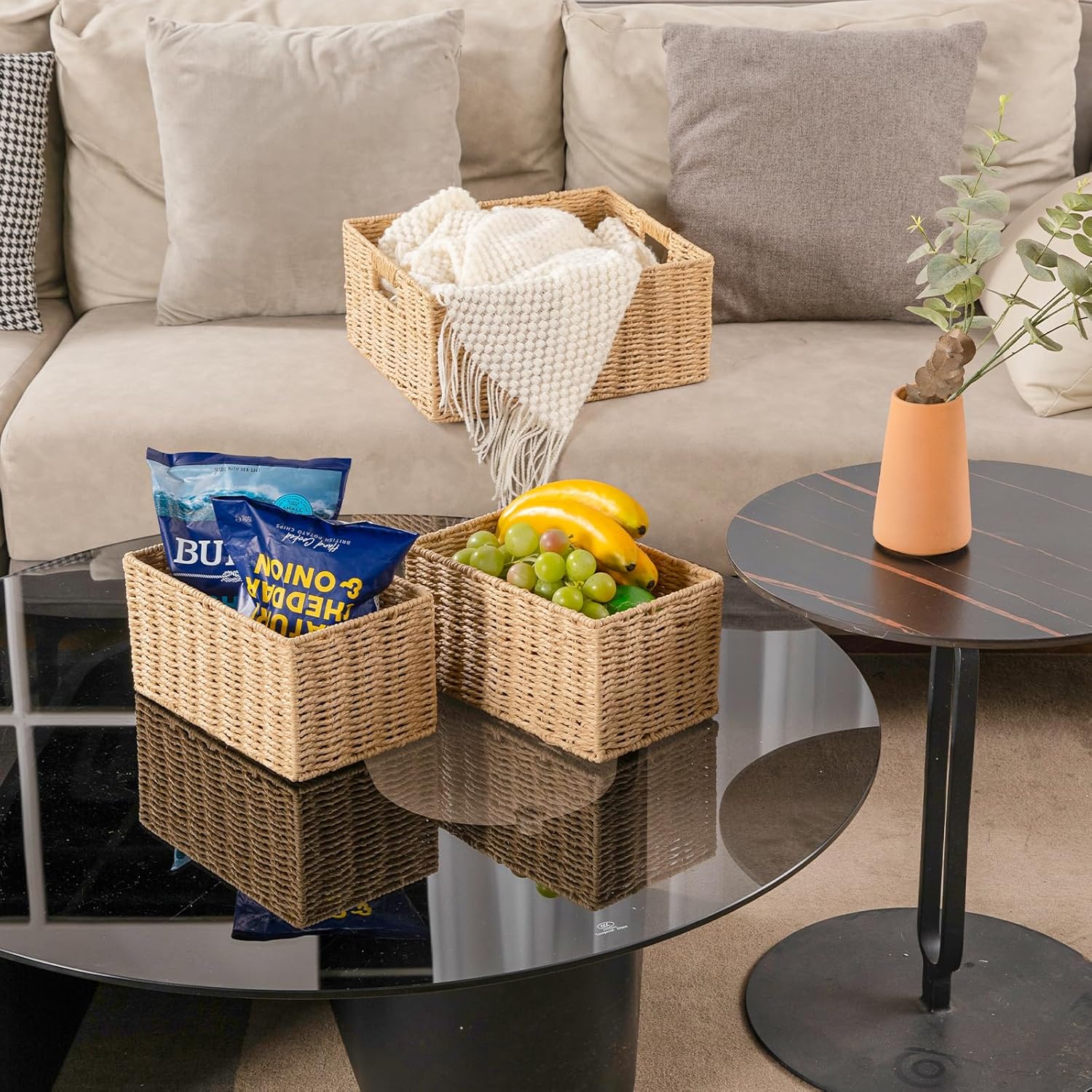 OIAHOMY Wicker Baskets for Organizing, Large and Small Shelf Baskets Set, Handwoven Bins for Storage,Paper Rope Home Organizers, Set of 3-Yellow