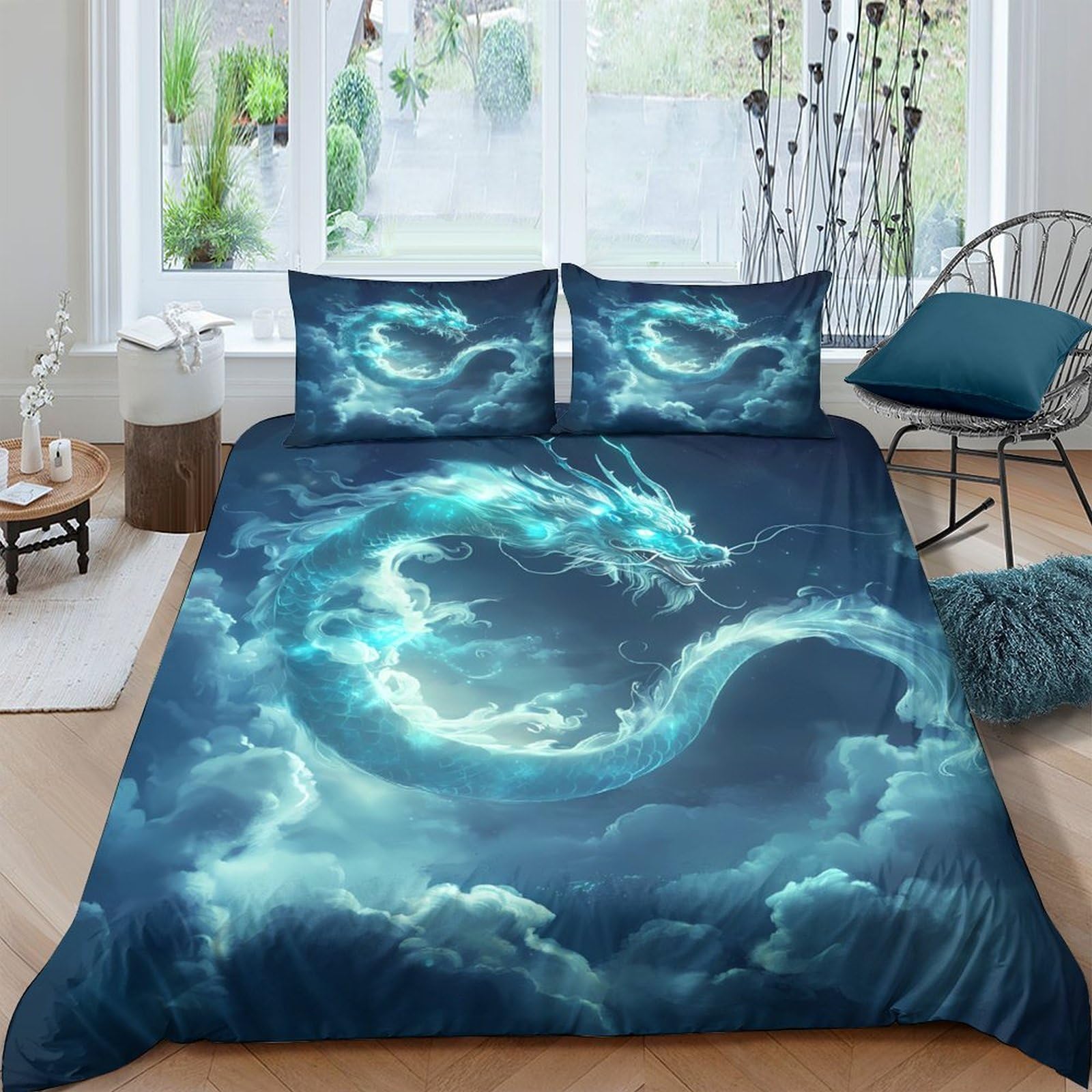 GPLZQXKJNH 3D Printed Blue Dragon Duvet Cover Microfiber Soft Breathable Cloud Pattern Bedding Set with 2 Pillowcases for Bedroom Decor Single（135x200cm）