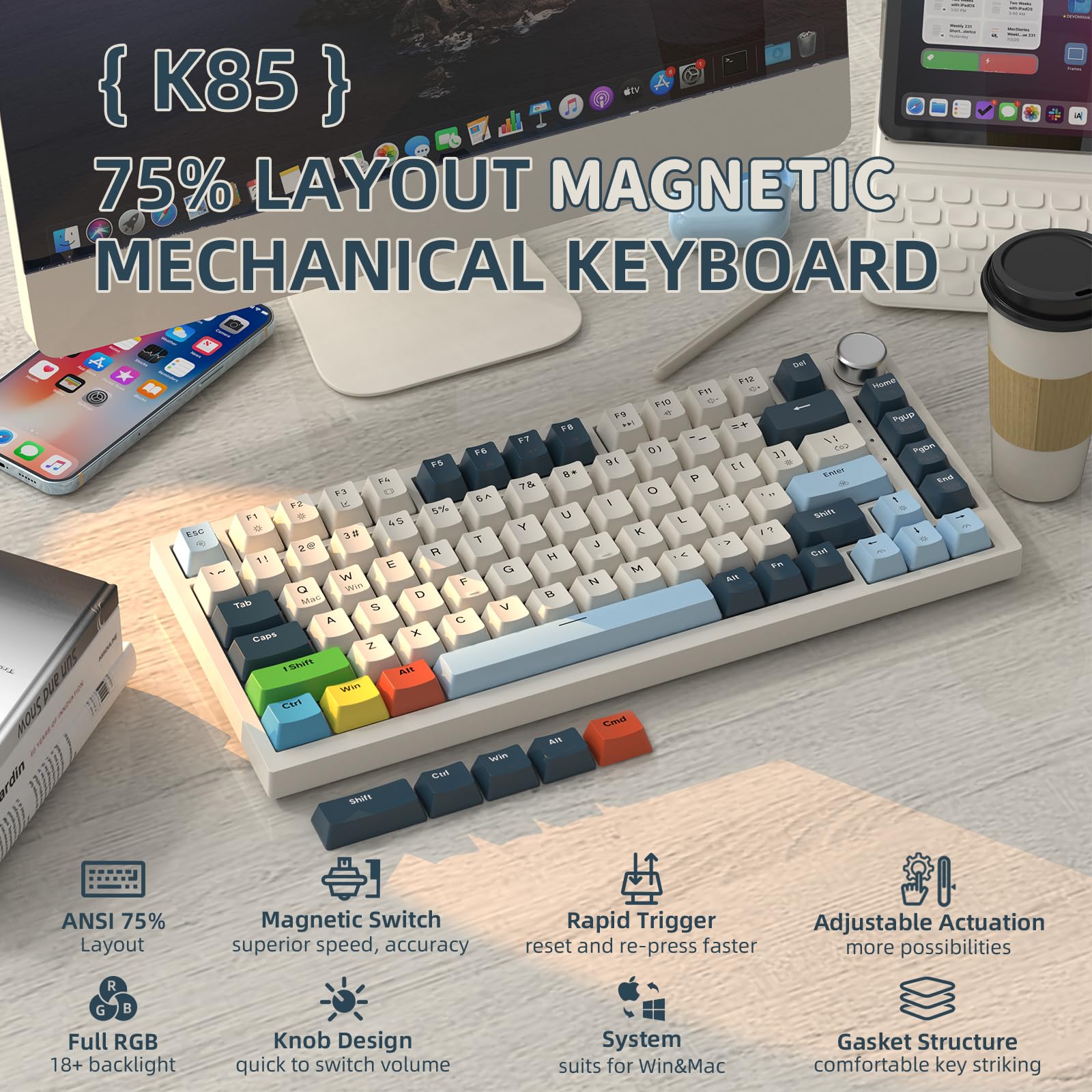 ATTACK SHARK K85 Tastiera Gaming per Valorant con Cavo a Spirale, Interruttore Magnetico, Attuazione Regolabile, Tastiera Meccanica Cablata Apex Pro TKL, RGB, Anti-ghosting, Manopola, QWERTY, PC/MAC