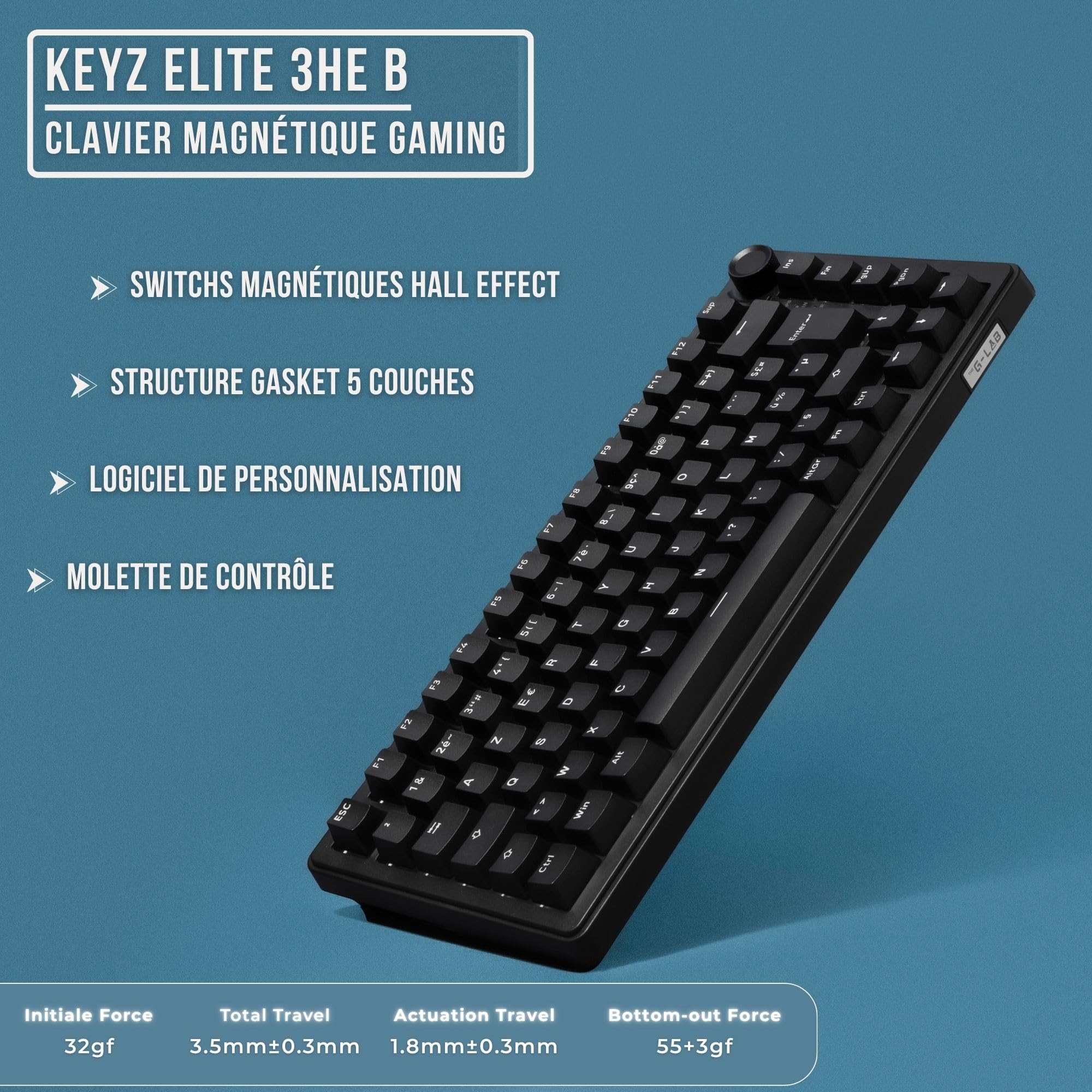 The G-Lab - KEYZ Elite 300 HE Black- Clavier Gamer Magnétique Hall Effect 75% USB AZERTY, 8000 Hz Rapid Trigger, Activation Réglable 0,01 mm, PBT- Hot Swap, RGB & Macros Custom - Windows/Mac