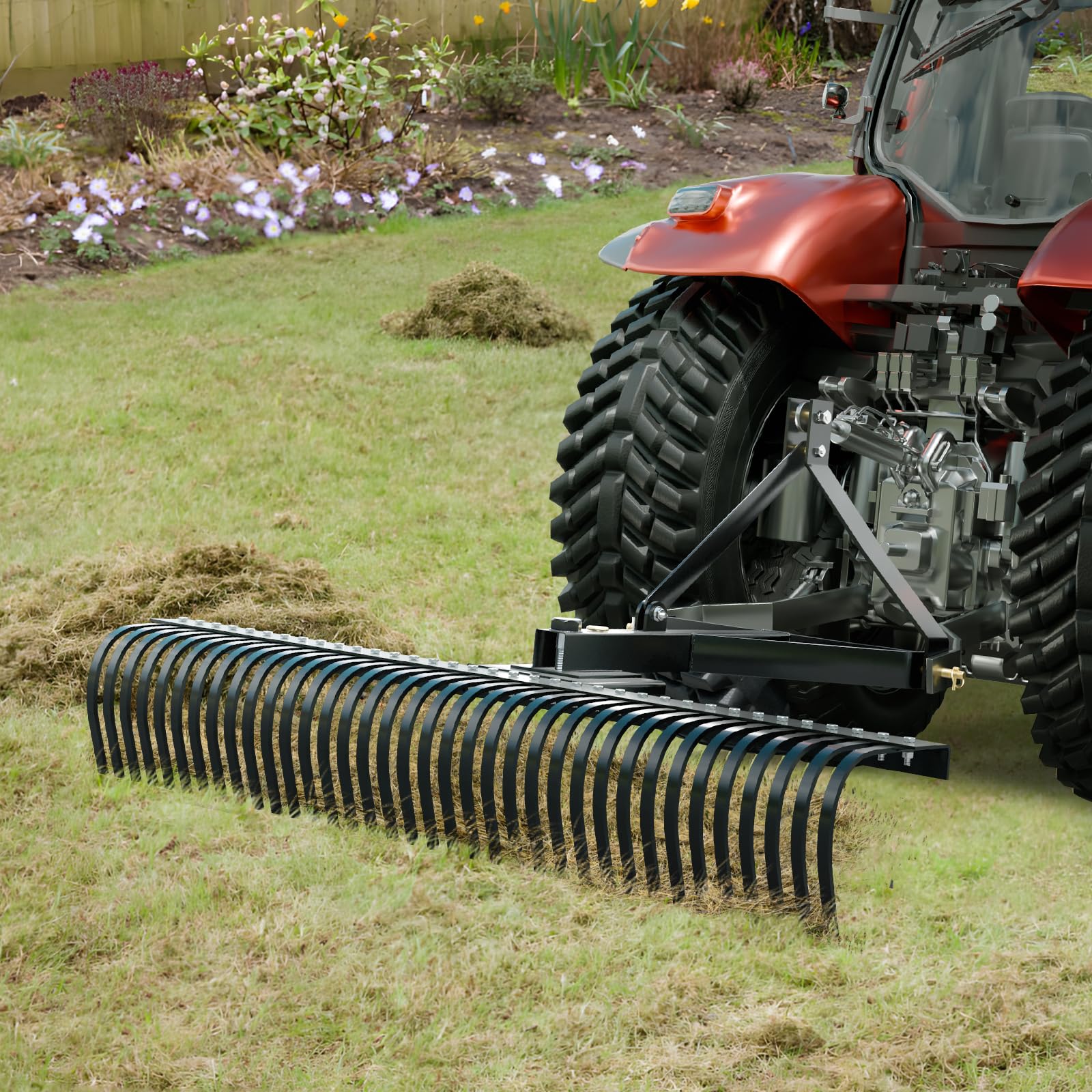 VEVOR Remolque detrás de la Escarificadora, 759,5 x 678,2 x 482,1 mm con 36 Púas de Acero, Rastrillo de Césped de 3 Puntos con Accesorios para Tractor, Rastrillo de Paisaje para Jardín, Granja, Césped