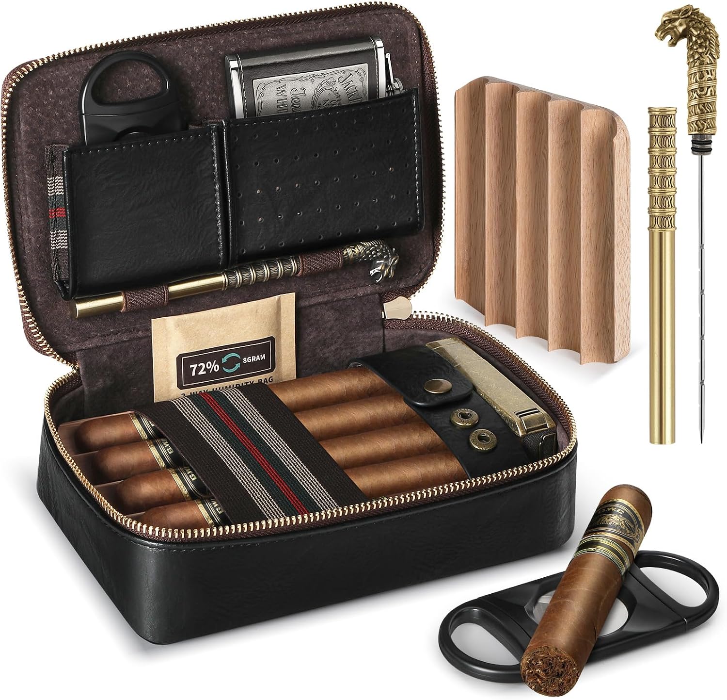 Cigar Humidor, Leather Travel Cigar Case, Portable Cigar Box with Cigar Draw Enhancer and Multifunction Cigar Cutter, Cigar Accessories Gift Set (Brown)