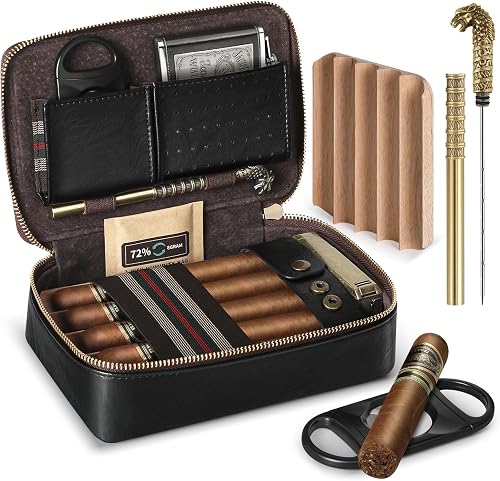 Cigar Humidor, Leather Travel Cigar Case, Portable Cigar Box with Cigar Draw