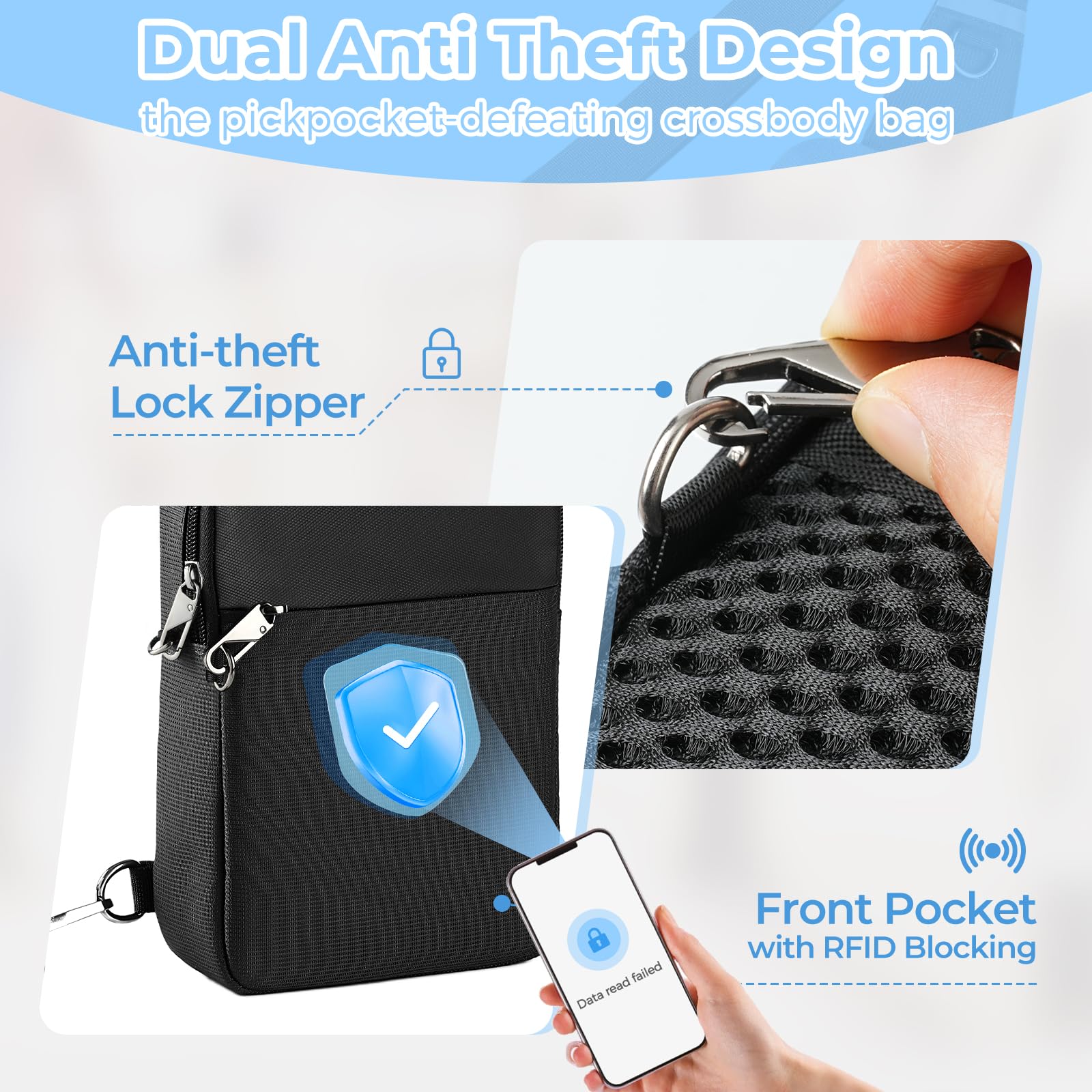 BROADREAM Anti Diebstahl Sling Bag Herren, Wasserdichte RFID Umhängetasche mit Sicherheitsreißverschluss, Kleine Crossbody Brusttasche für Männer & Damen, Handytasche für Reise Outdoor Arbeit
