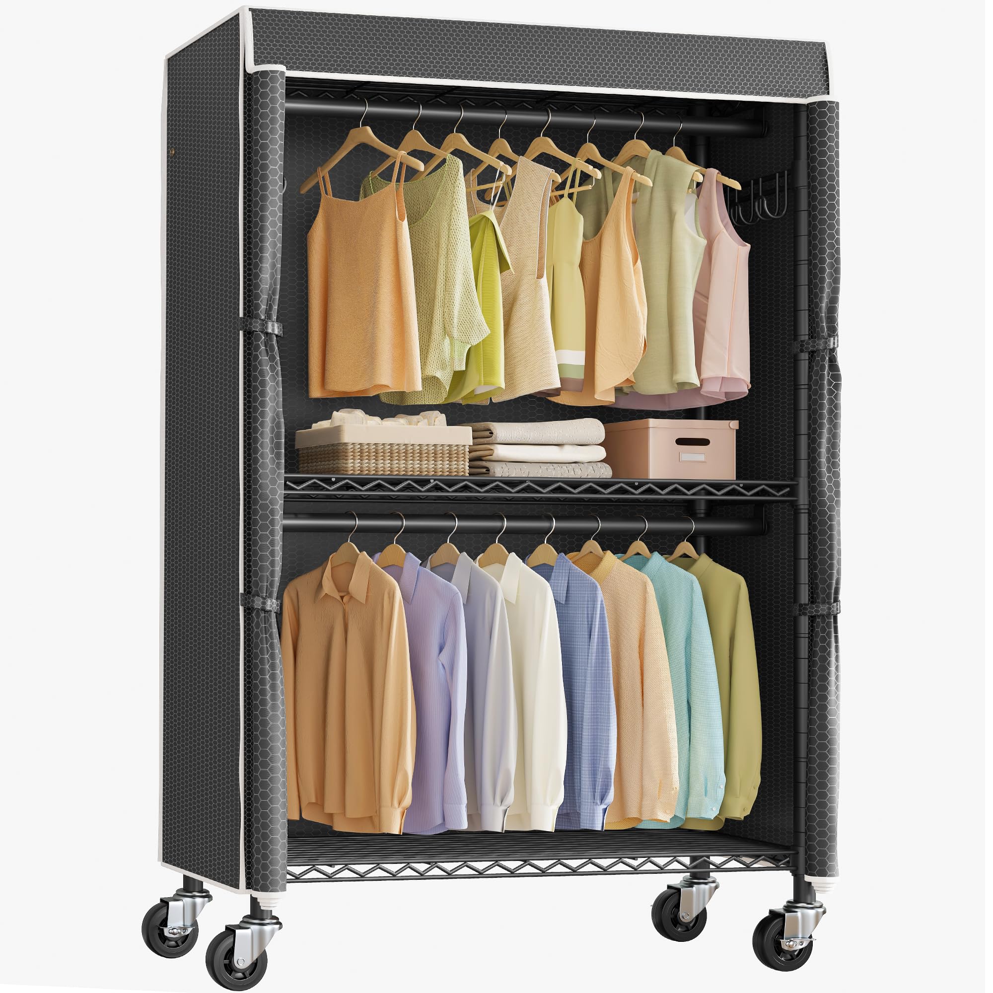 VIPEK R2C Heavy Duty Rolling Garment Rack with Cover, Portable Closets with Double Rods & Lockable Wheels, Covered Clothing Rack for Hanging Clothes, Black Rack with Black Upgarded Polyester Cover
