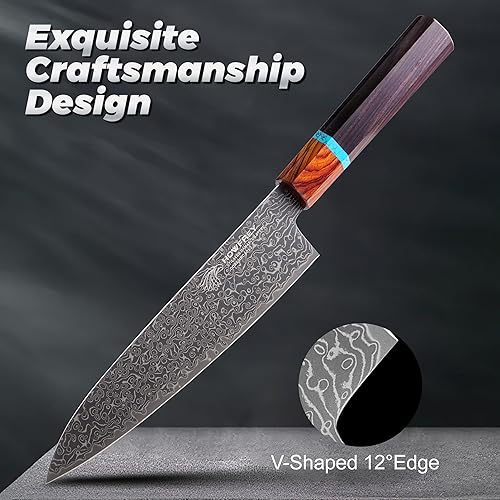 Miniatura 6 de Cuchillo de chef de Damasco, cuchillos de cocina japoneses de 8 pulgadas y 67 capas, acero inoxidable afilado de alto carbono con asas ergonómicas