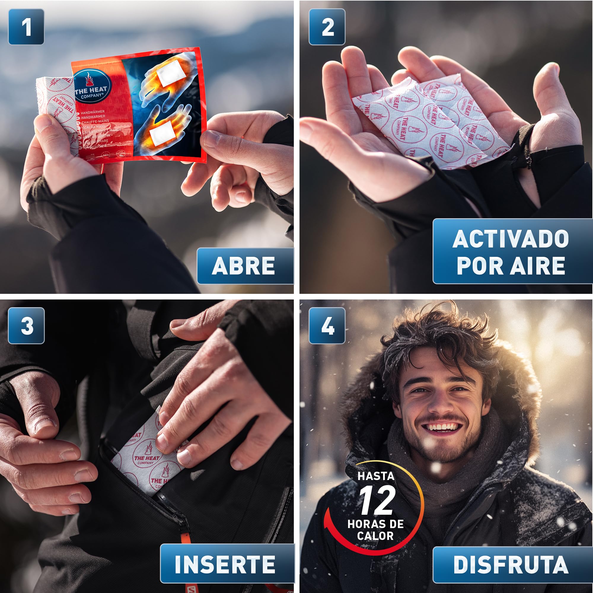 THE HEAT COMPANY Calentadores Manos - 10 o 40 Pares - Extra CÁLIDO - Calienta Bolsillos - 12 Horas de Manos Calientes - Calor instantáneo - Activado por Aire - Puro Natural