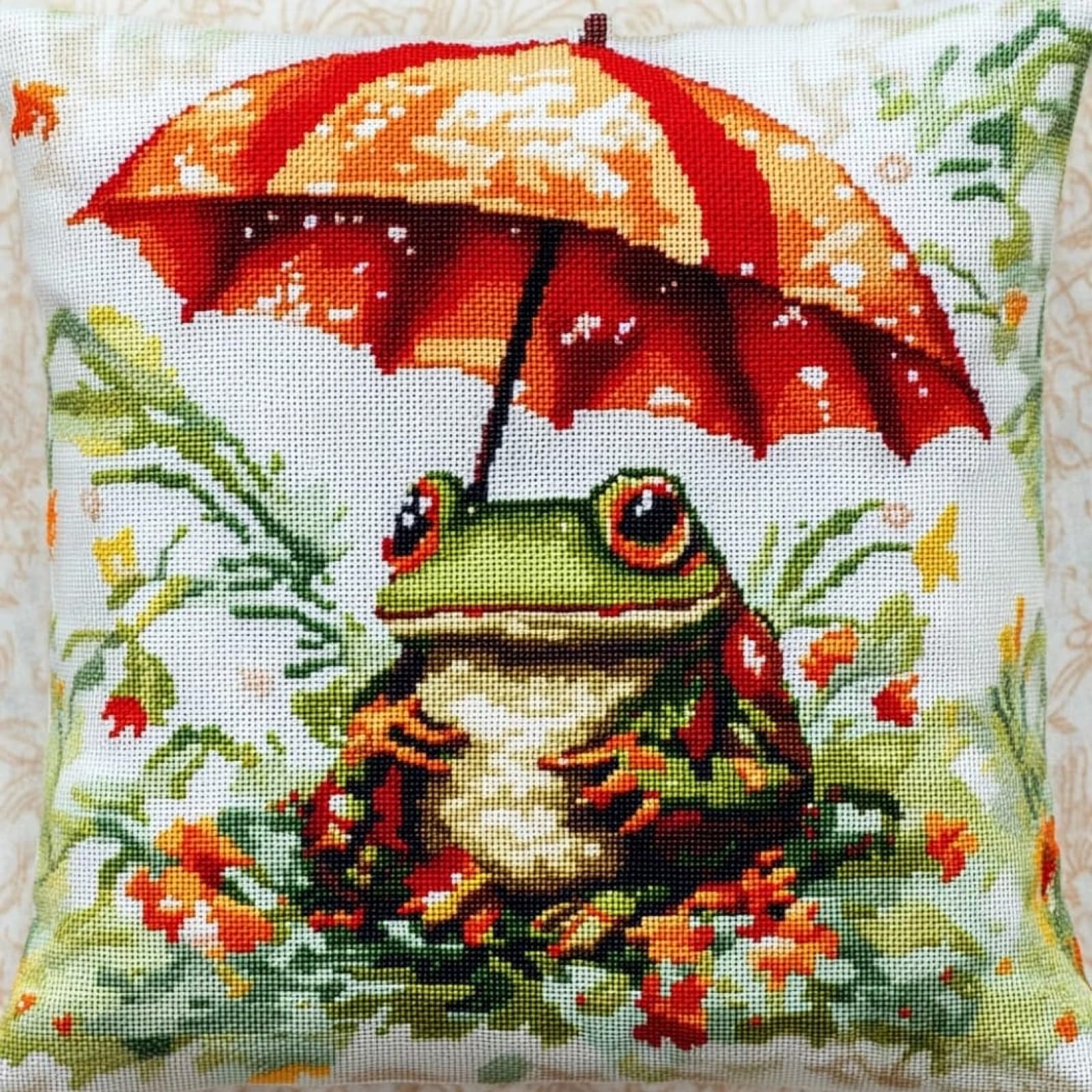 WallustrioaW Embroidery kit Cross Stitch Cushion kit,Frog with an Umbrella,Cross Stitch Pillow Tapestry Cross Stitch,Home Decor Gifts,45x45cm