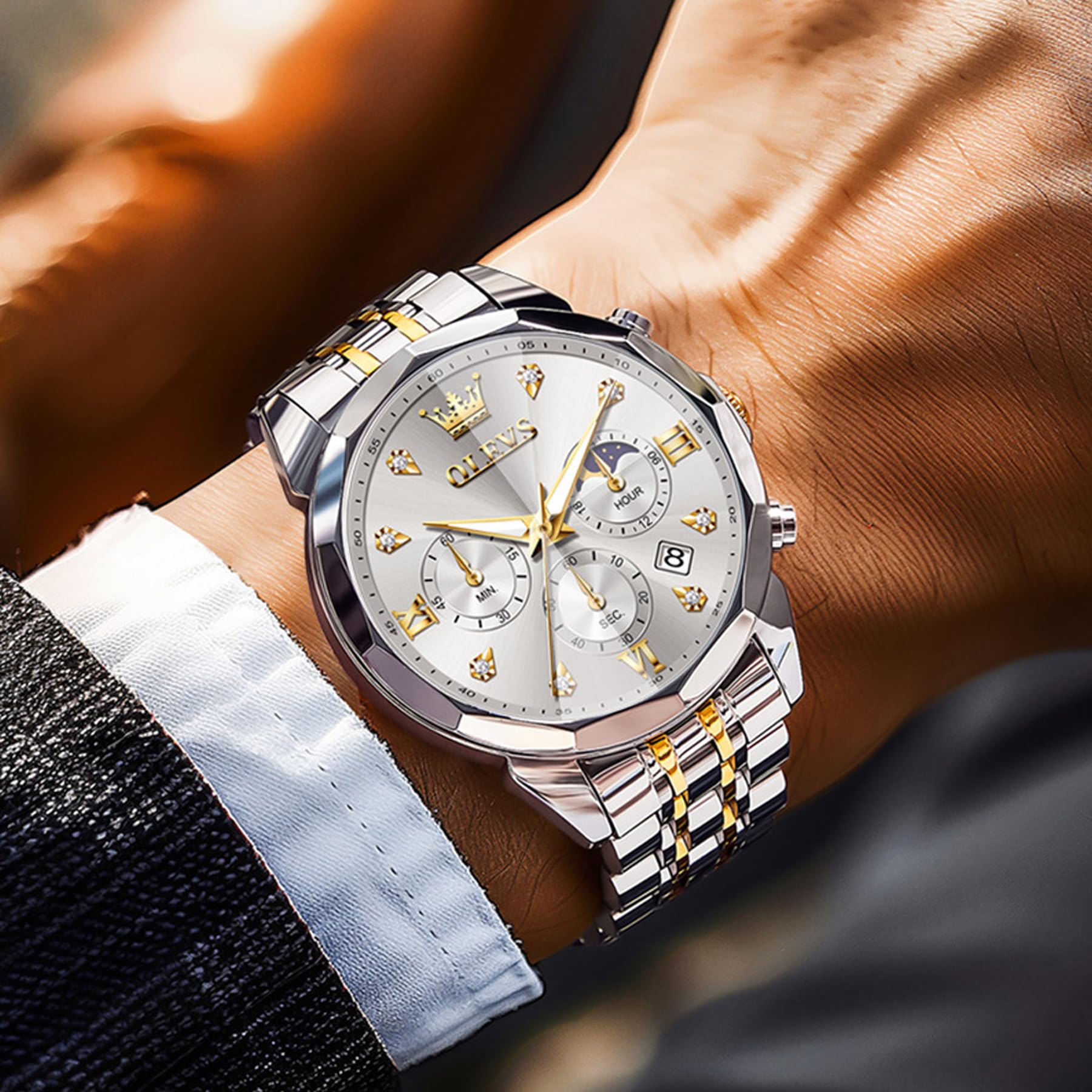 OLEVS Reloj para Hombre, cronógrafo Multifuncional con 4 subesferas, manecillas Luminosas, Fecha, Resistente al Agua hasta 3 ATM, Correa de Acero Inoxidable, Reloj de Cuarzo para Vestir de Negocios