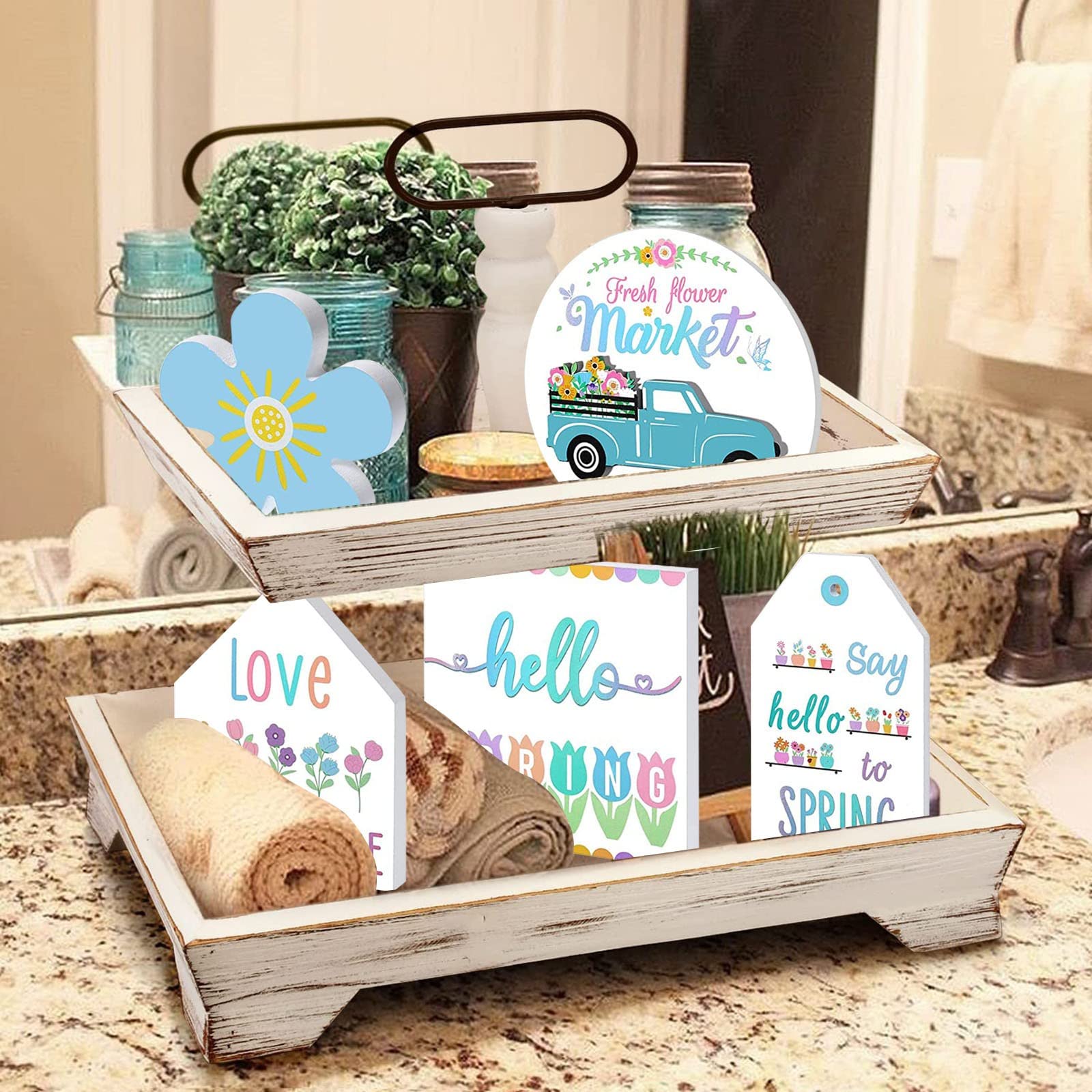 Efitty Farmhouse Decors for Tiered Tray, Spring Tiered Tray Decorations Flower Honey Bee Festiaval Market Wooden Sign, Mini Spring Rustic Wall Shelf Stand Set Home Decor Set of 4/5/7 (D)