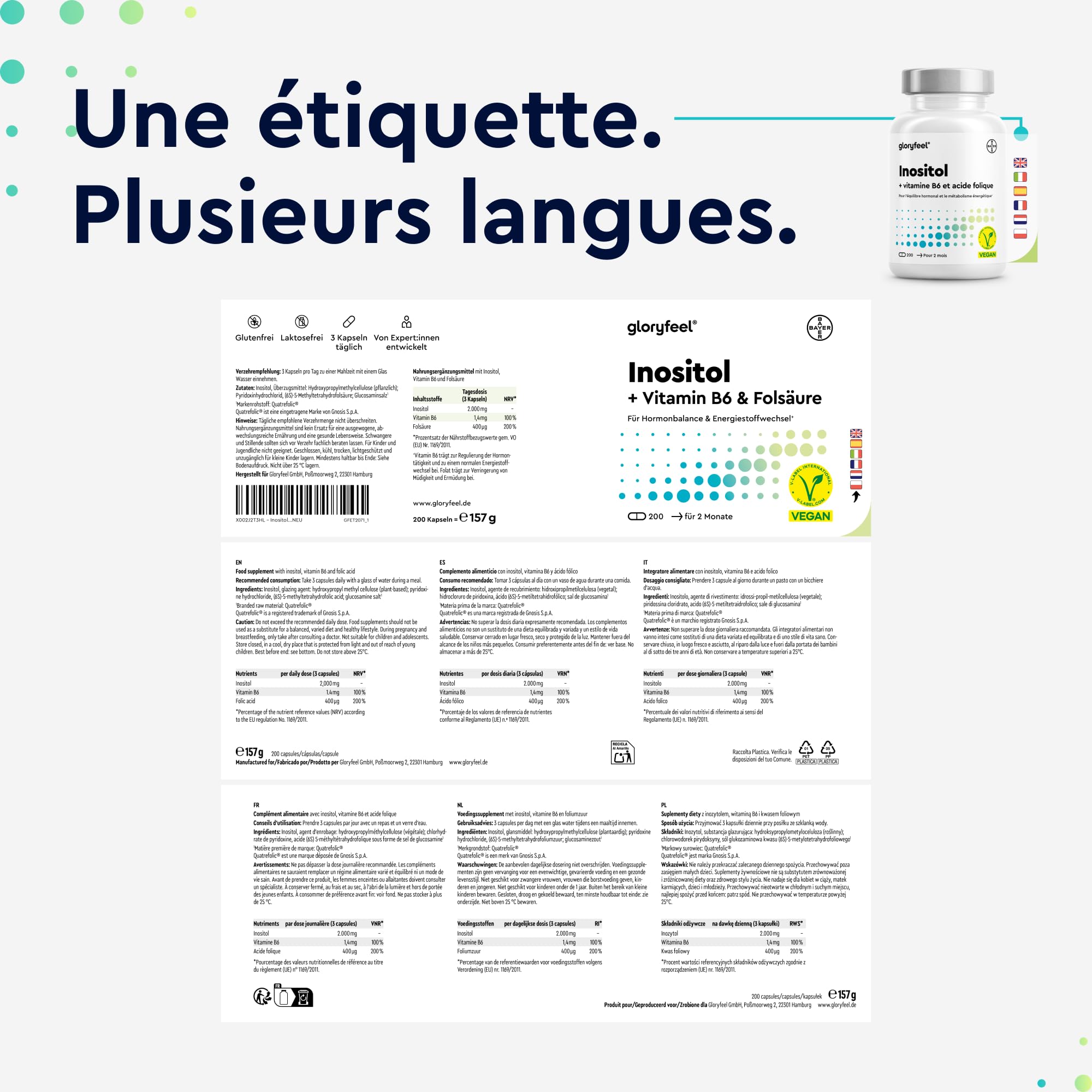 Inositol Pure en Combinaison avec l'Acide Folique + Vitamine B6 Quatrefolic®, 200 Capsules, Hautement Dosée avec 2000 mg de Inositol par Jour, Contribue à la Croissance des Tissus Maternels*