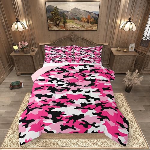 Erosebridal Pink Camouflage Queen Comforter Set Girly Army Retro Campaign Beddin