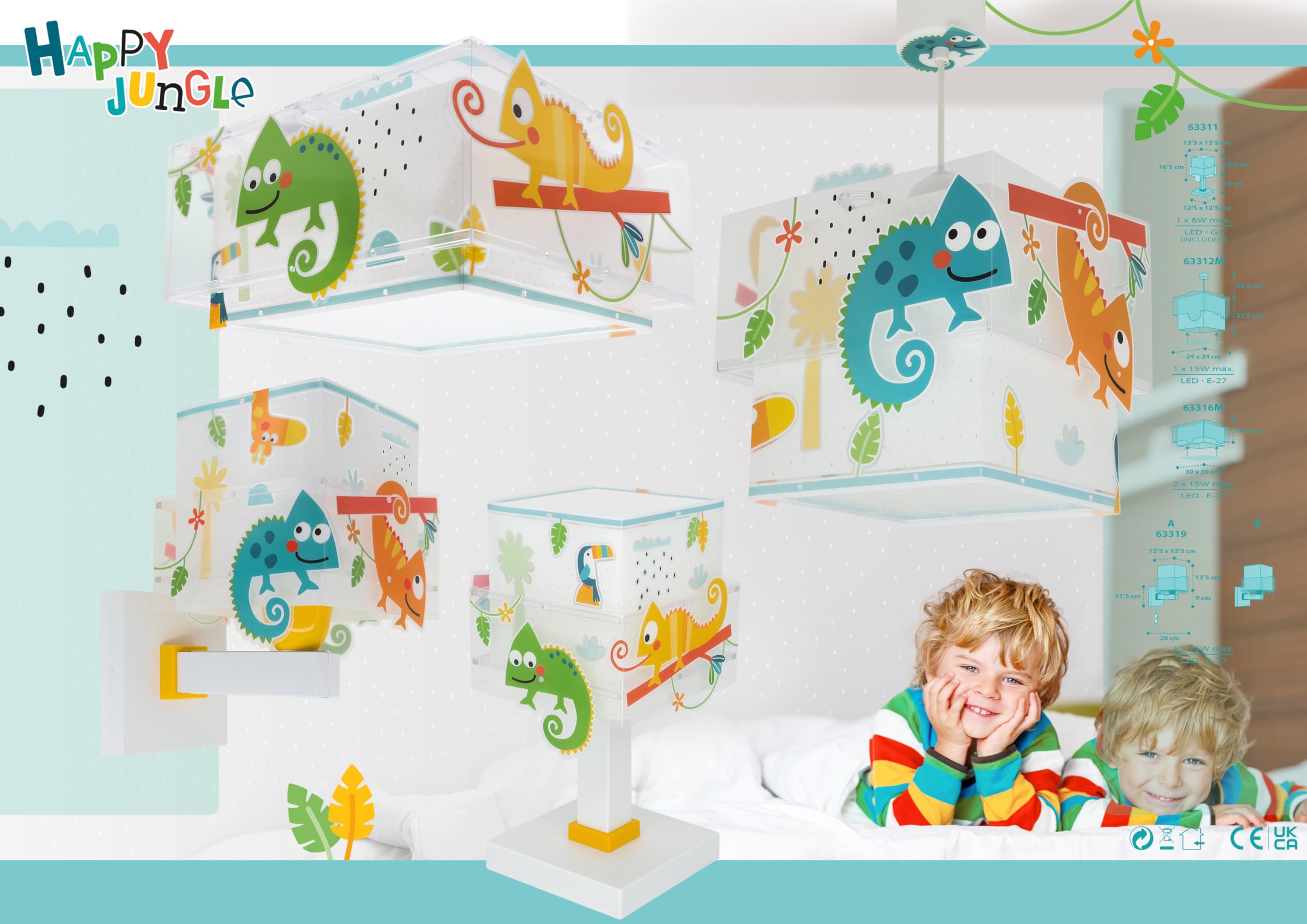 Lampada a sospensione per bambini Dalber Happy Jungle, Camaleonte Giungla Animali, 63312M, E27, lampade per bambini, cameretta.