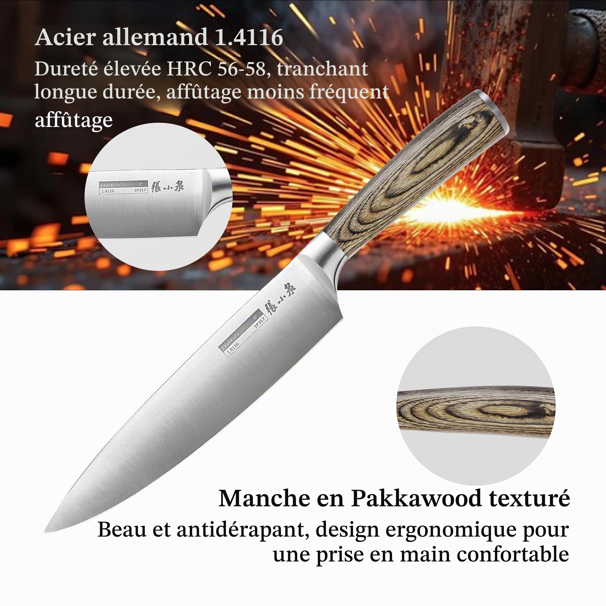 ZHANG XIAO QUAN Couteau de Chef 21 cm, Tranchant Pour Répondre Facilement aux Besoins de la Cuisine, Poignée Ergonomique en bois de Couleur Confortable et pas Facile à Glisser