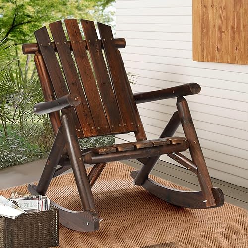 HOMEDIARY Silla mecedora Adirondack de madera, silla mecedora de troncos para patio al aire libre con diseño de madera de rejillas, respaldo alto en