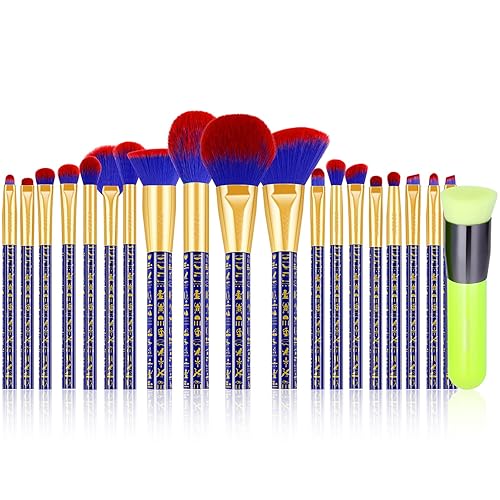 Docolor Juego de 19 brochas de maquillaje para gatos Bastet con parte superior plana verde neón Kabuki, cepillo de base Kabuki sintético de alta