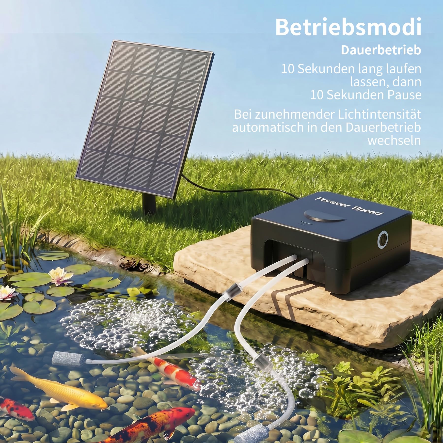 Forever Speed Solar Teichbelüfter mit Akku Leise, Auto Energieeinsparung Sauerstoffpumpe für Kleiner Teich Aquarium, Aufladbar Teichbelüfter Solar USB Doppelladen