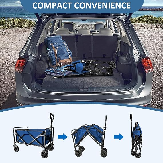Collapsible Utility Cart Folding Wagon, 320lbs Capacity Lightweight Rolling Cart with Quiet Wheels, Quick-Fold Design for Camping, Shopping, Ourdoor Use, Blue