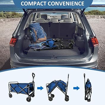 Collapsible Utility Cart Folding Wagon, 320lbs Capacity Lightweight Rolling Cart with Quiet Wheels, Quick-Fold Design for Camping, Shopping, Ourdoor Use, Blue