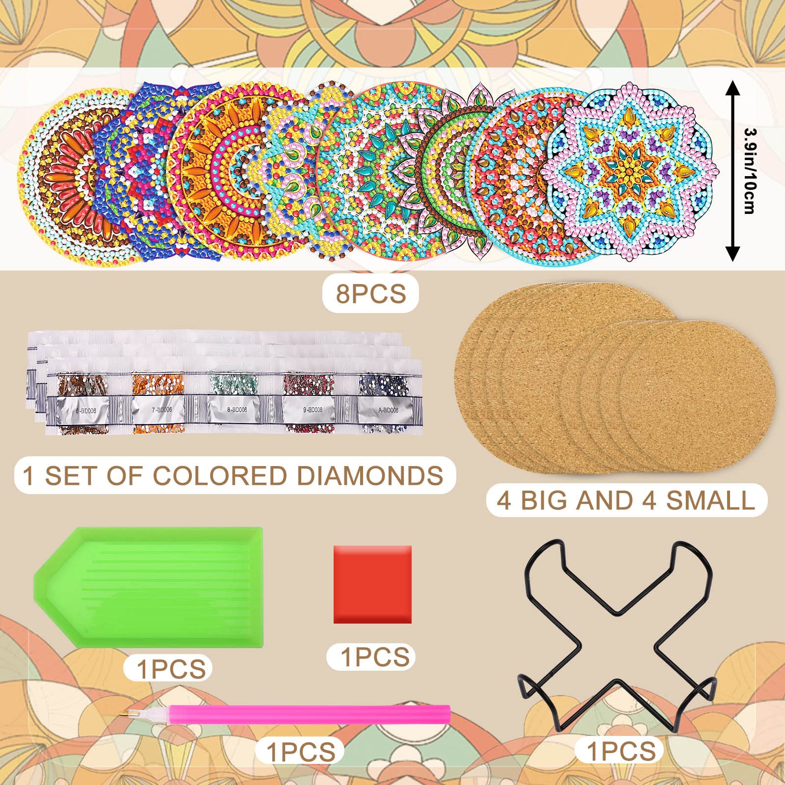 Kit Sottobicchieri Diamond Painting - 8 Pezzi Con Diamanti Luminescenti - Fai Da Te Creativo - Foto 6