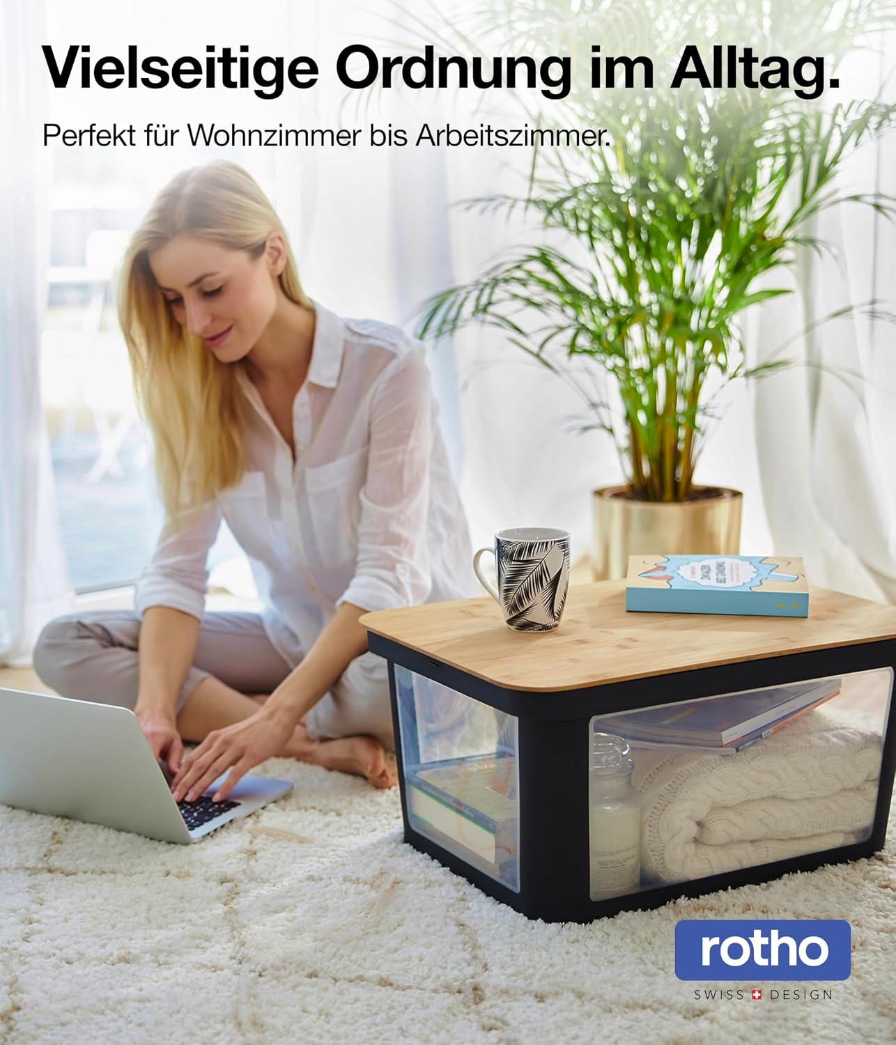 Rotho Albris Storage box 45l with lid, Plastic (PP recycled), blue/transparent, 45l (57.0 x 39.2 x 27.0 cm) image 2