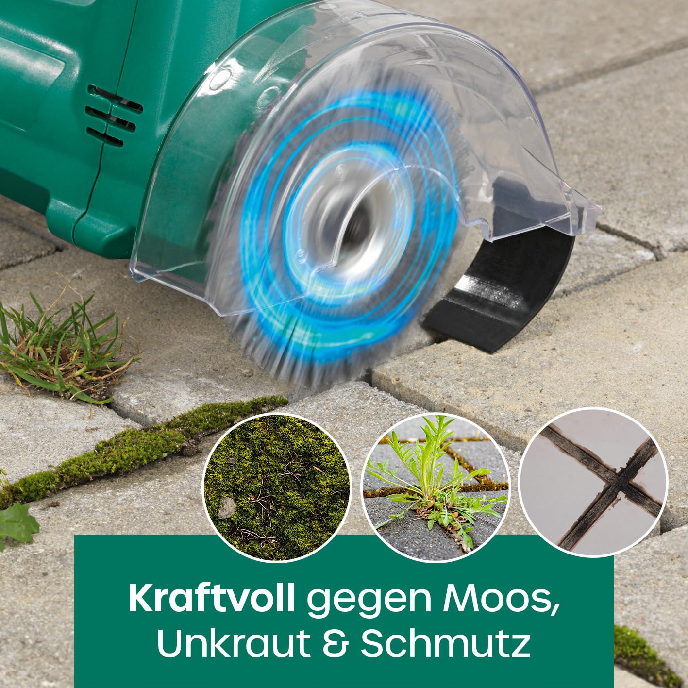 EASYmaxx Fugenreiniger elektrisch | Einfache säuberung von Fugen, Gehwegen & uvm - Ohne lästige Rückenschmerzen | inkl. 2 auswechselbaren Bürsten | Fugenbürste 140 Watt 1200 rpm [ABS/Stahl Grün]